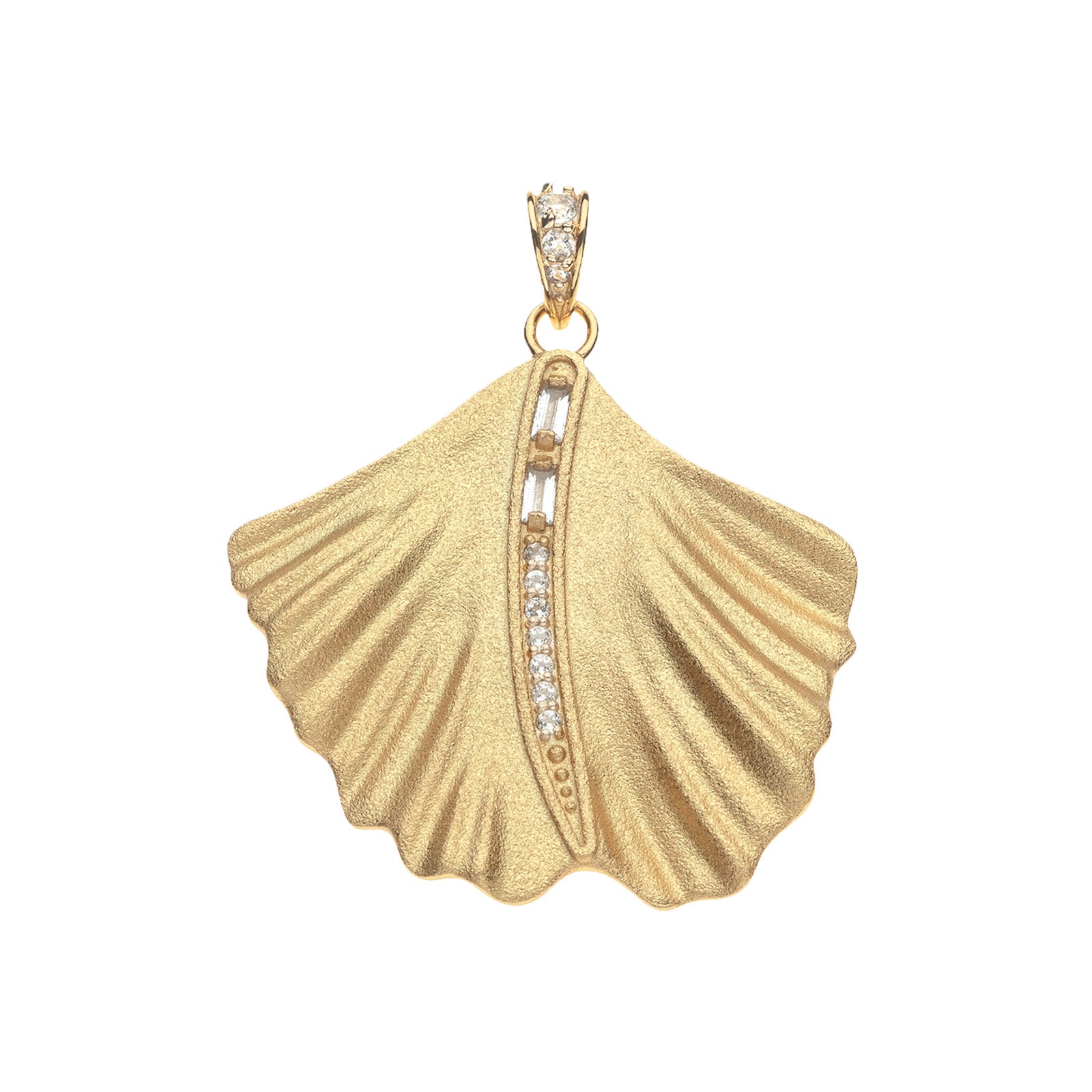 Gold ginkgo leaf pendant features row of white topaz stones down the center of the leaf and white topaz accents on the bail
