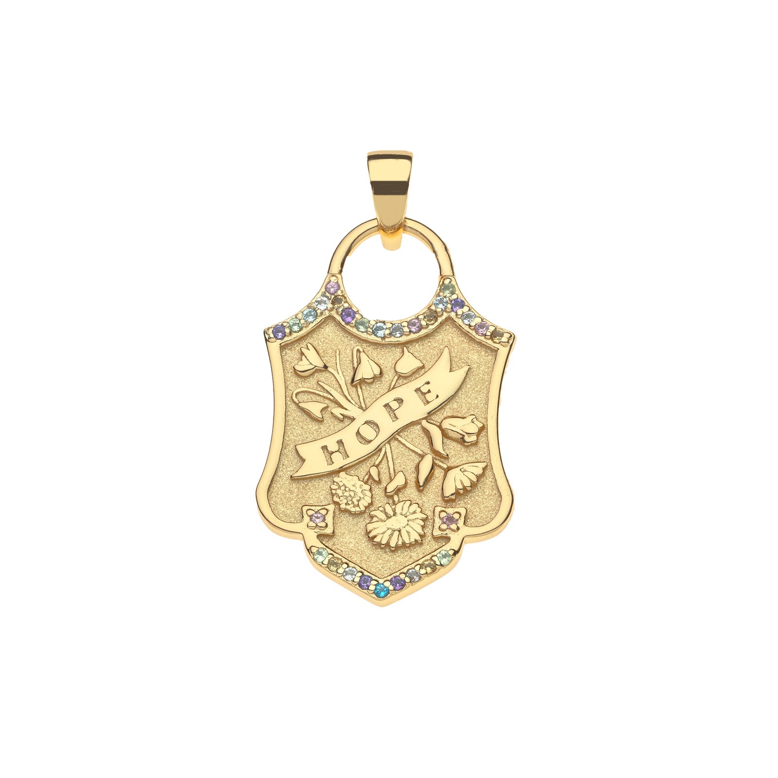 Gold shield pendant features various seasonal flowers and the word "HOPE", as well as border of colorful stones including Pink Tourmaline, Yellow Citrine, Peridot, Whit Topaz, Sky Blue Topaz, and Amethyst