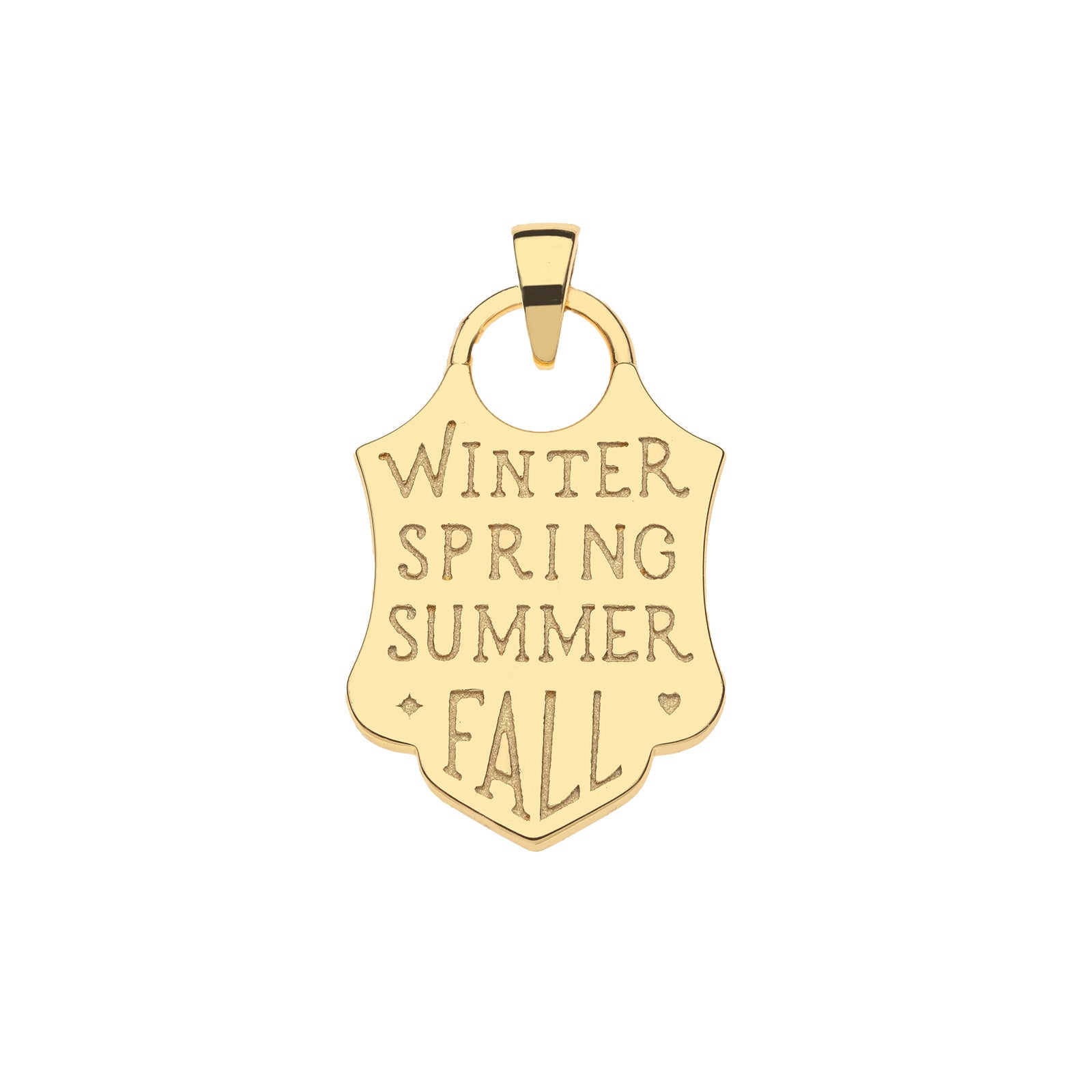Back of hope shield pendant features the words "WINTER, SPRING, SUMMER, FALL"