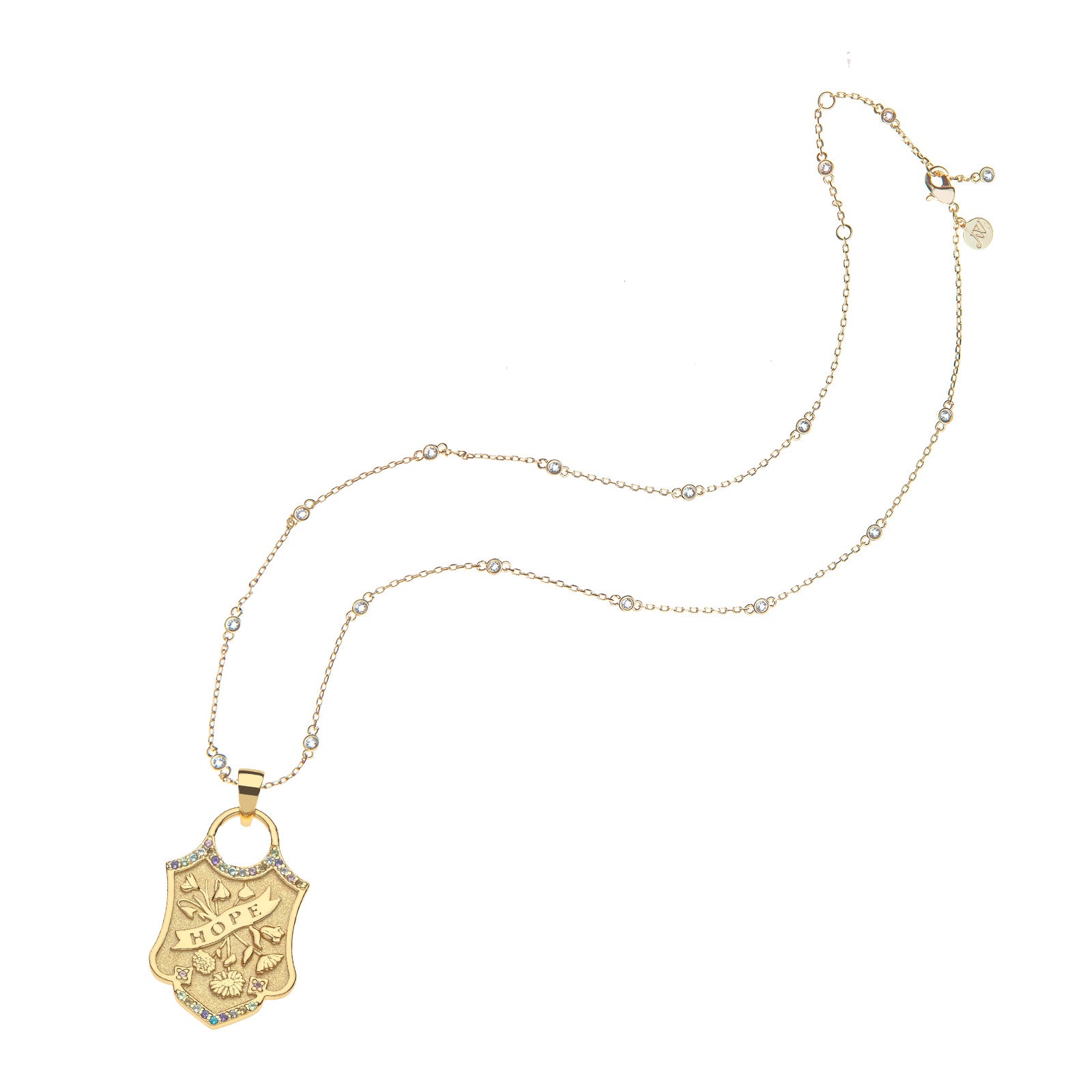 Hope shield pendant on the written in the stars chain