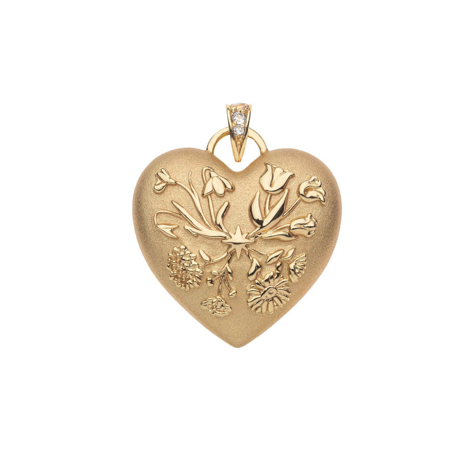 Gold heart pendant with flower design and star detail with white topaz detail on bail