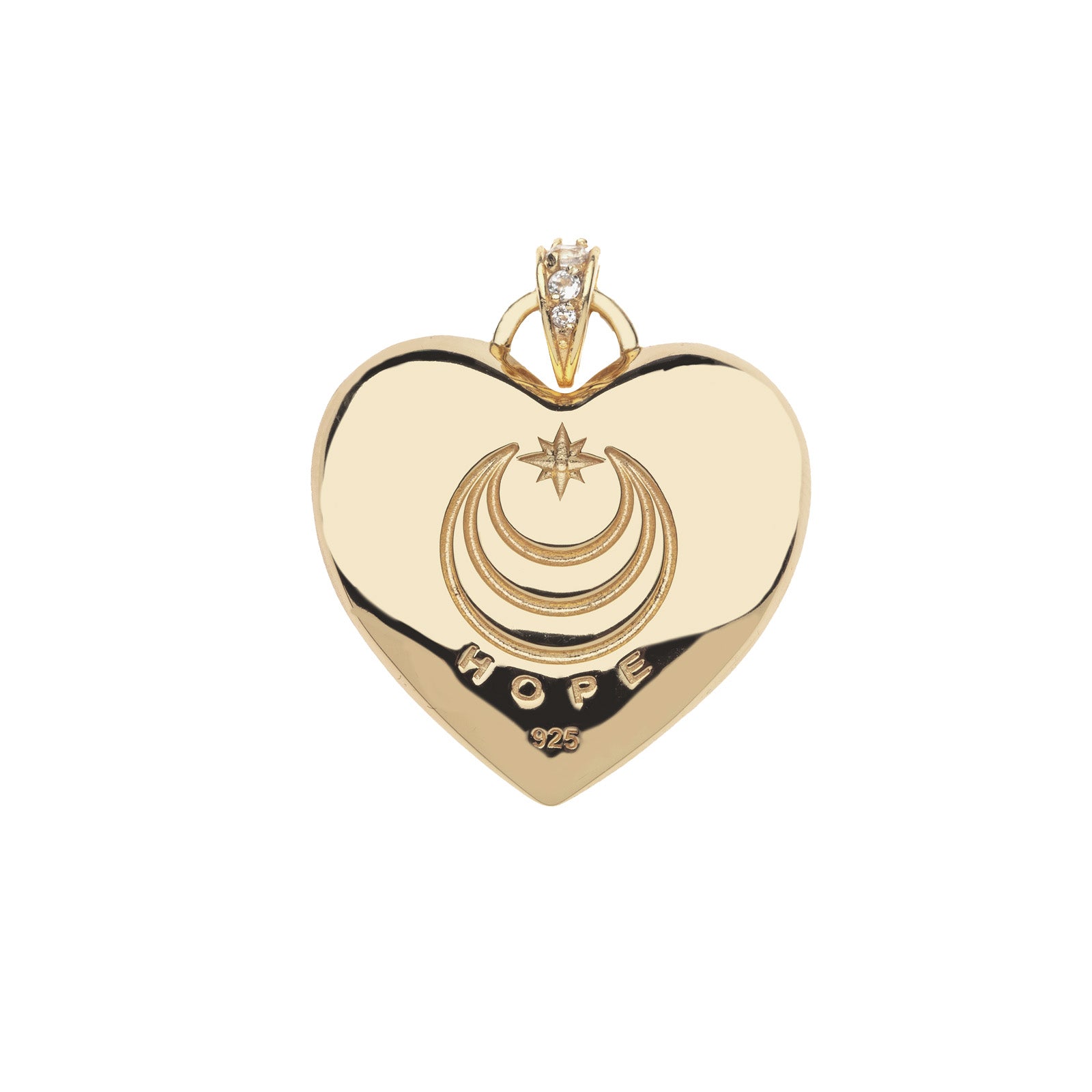 Back of gold heart pendant features moon and star logo and the word HOPE