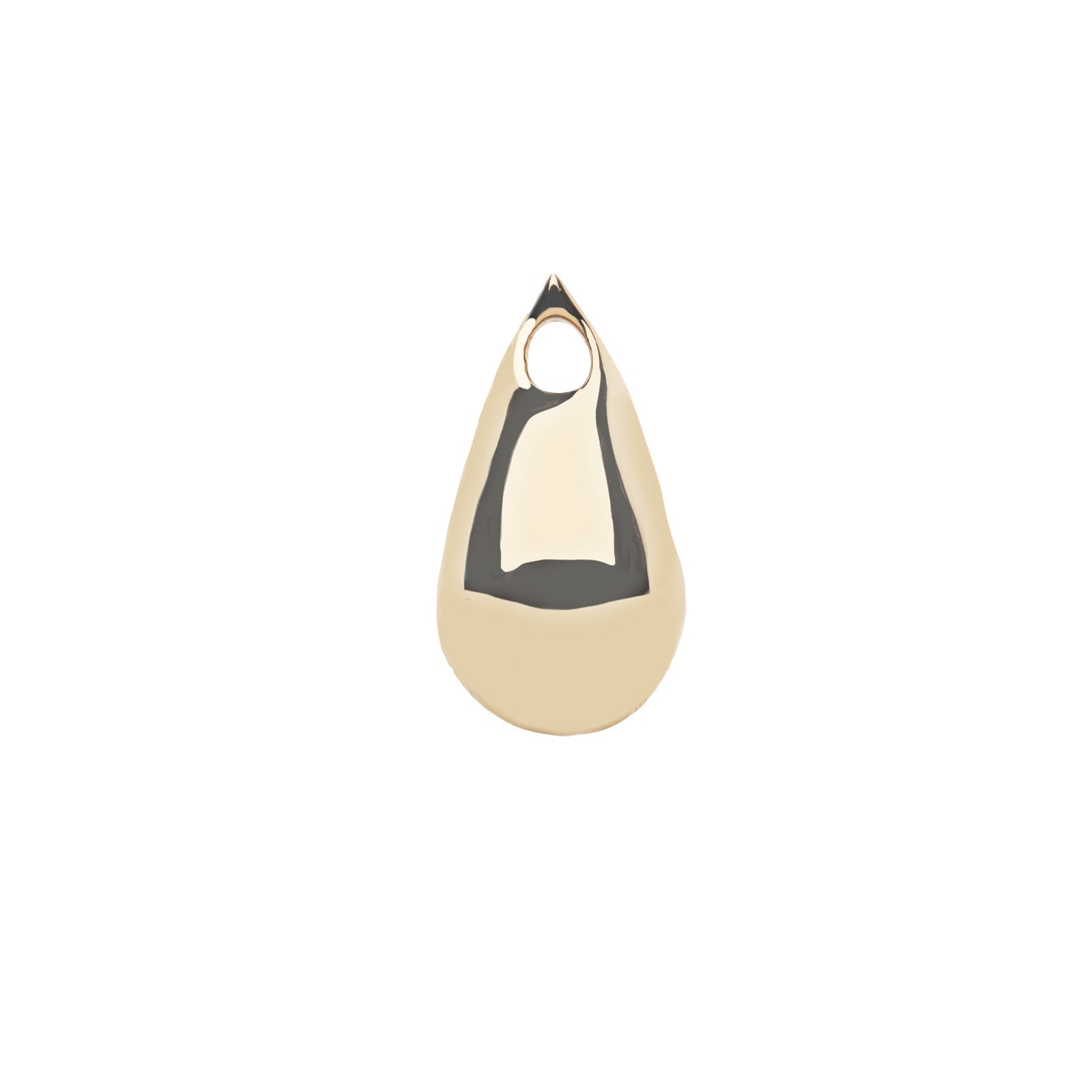 Side view of gold raindrop pendant shows hole to string it on to a chain
