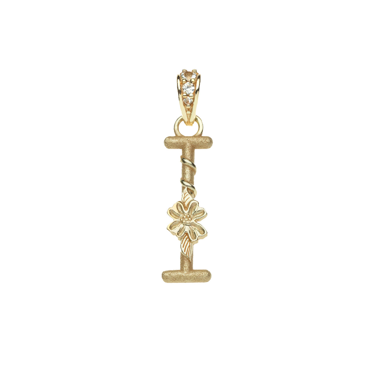 Gold letter I pendant with flower detail and white topaz accents on the bail
