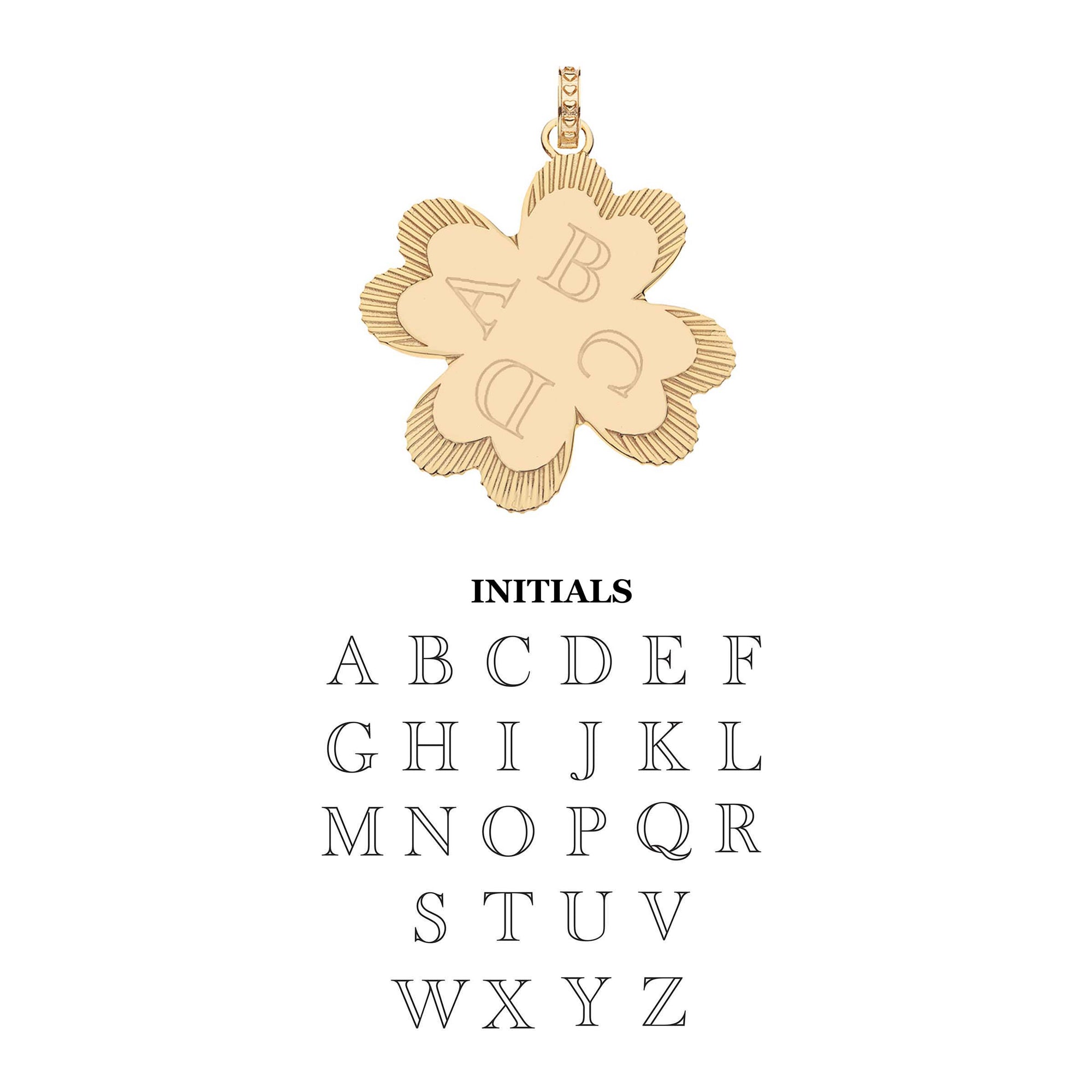 Engravable 4 leaf clover pendant showing engraving example for initials