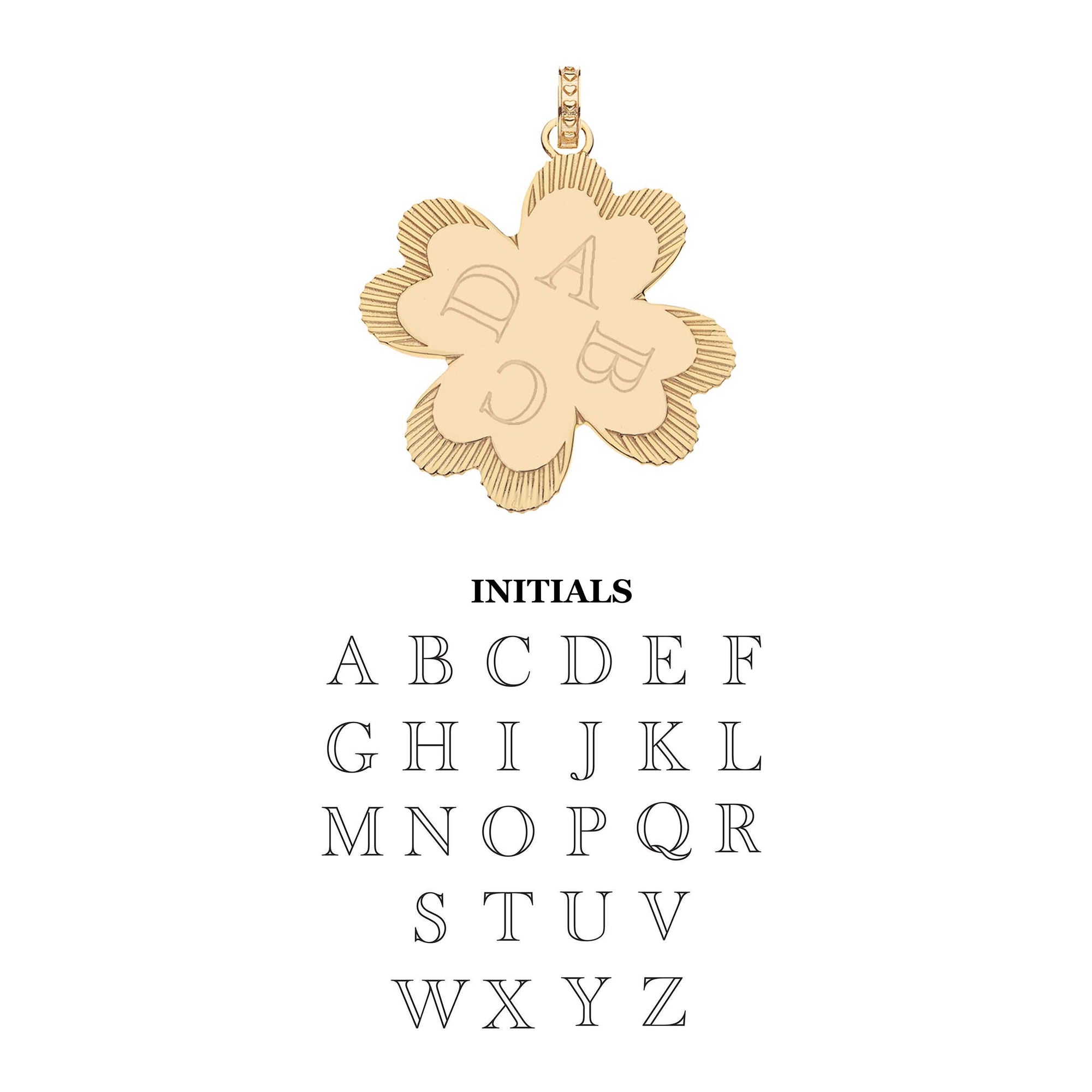 Engravable 4 leaf clover pendant showing engraving example with initials