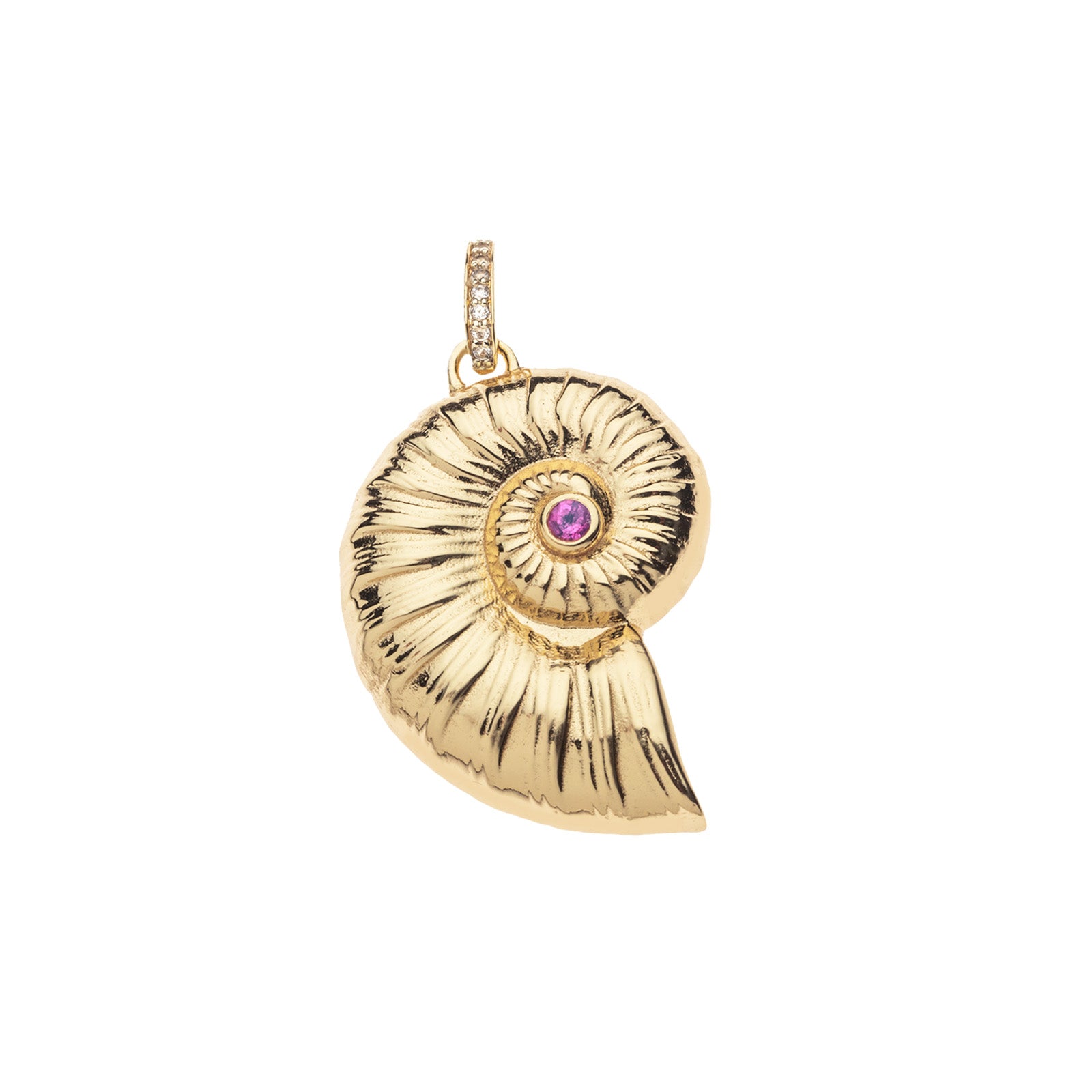 Gold nautilus shell pendant with pink tourmaline stone at the center