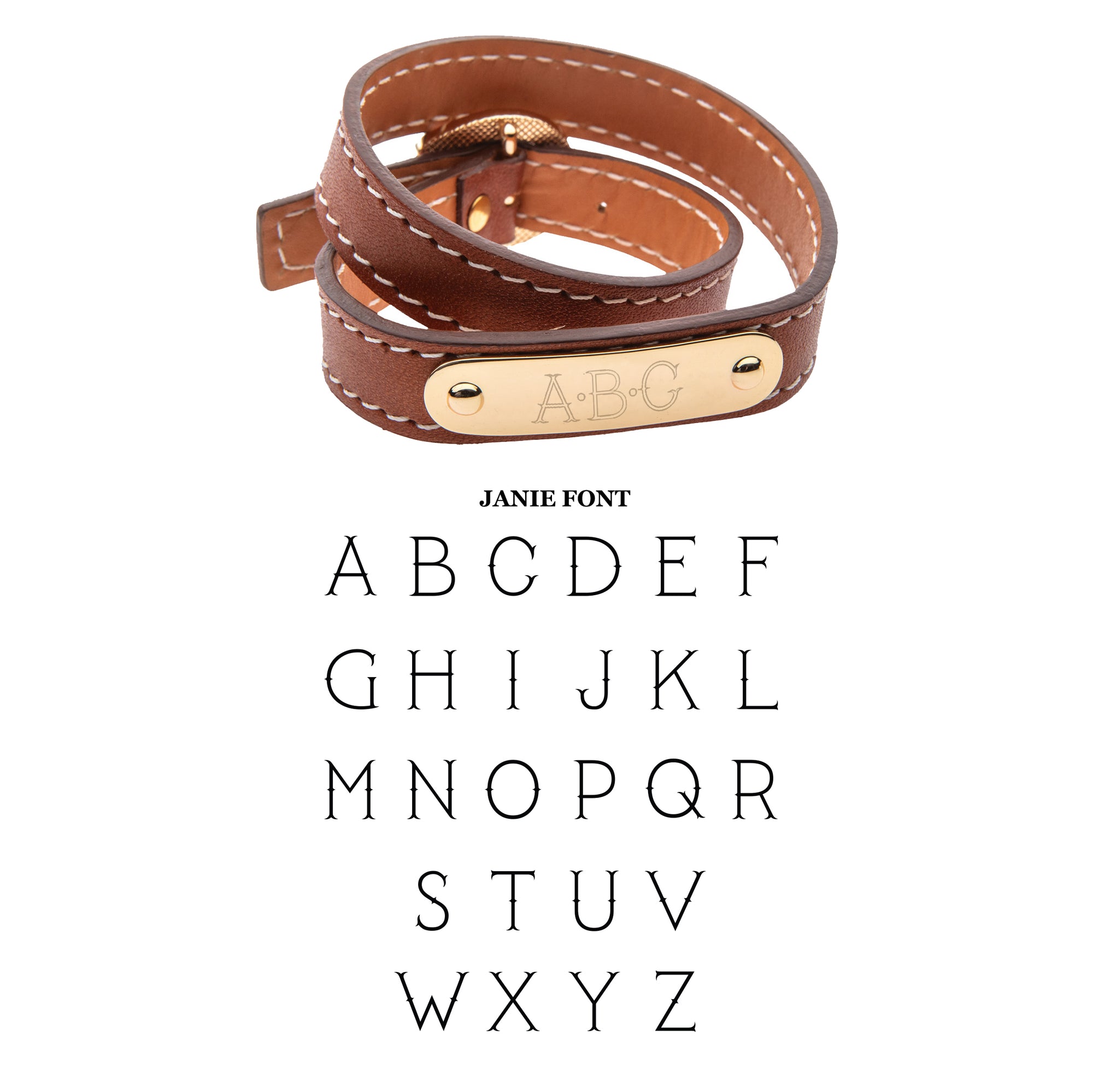 Brown leather double wrap bracelet with Janie font engraving option