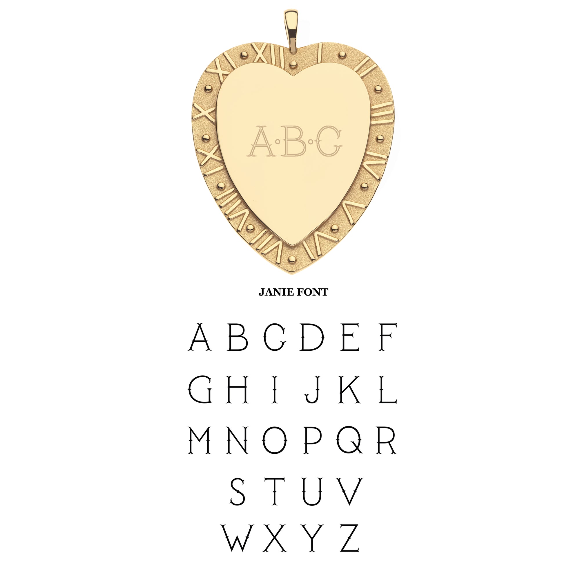 Shiny gold heart-shaped pendant with engraved letters and font selection.