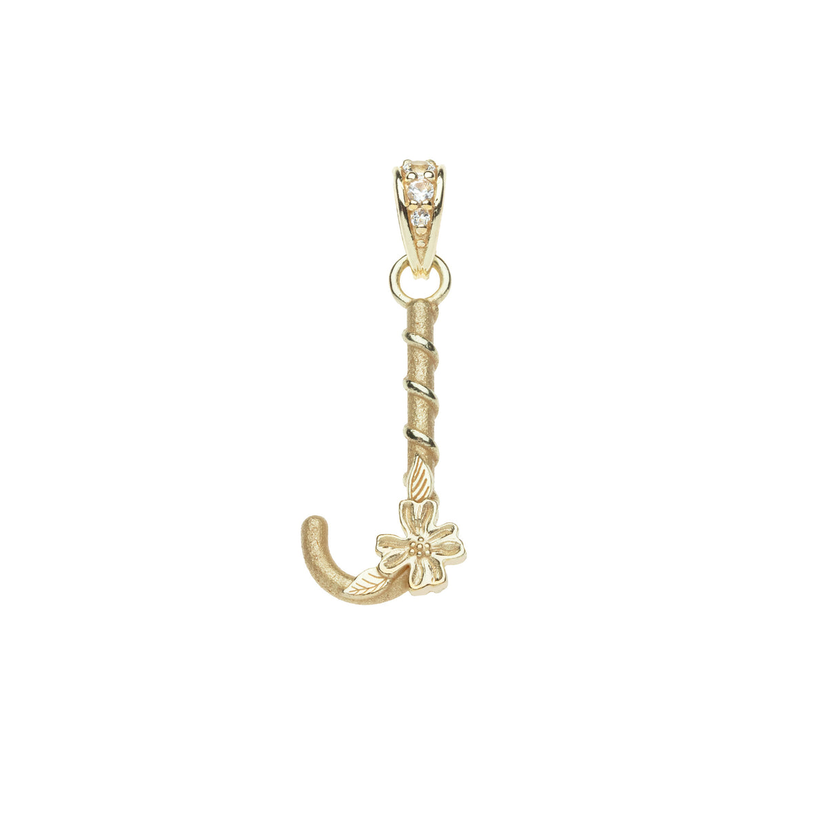 Gold letter J pendant with flower detail and white topaz accents on the bail