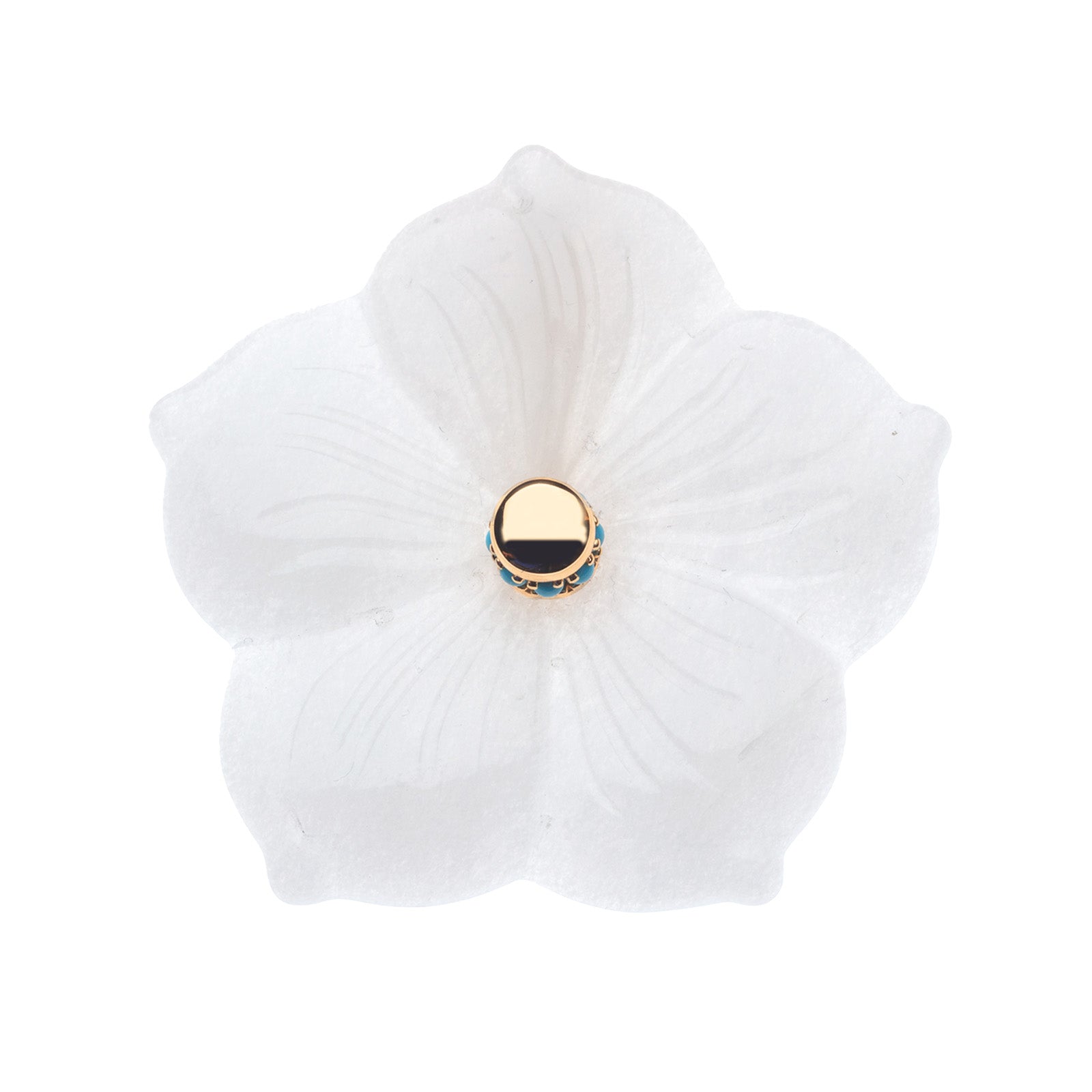 White jade carved hibiscus flower with gold center that features turquoise cabochon stones