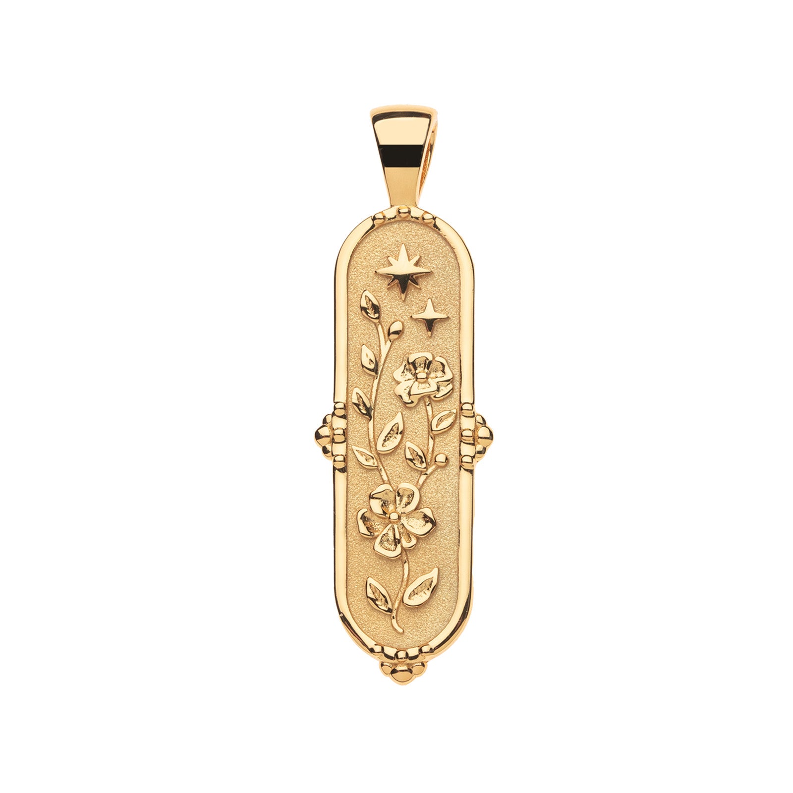 Gold elongated dogtag pendant features camellia flowers and stars