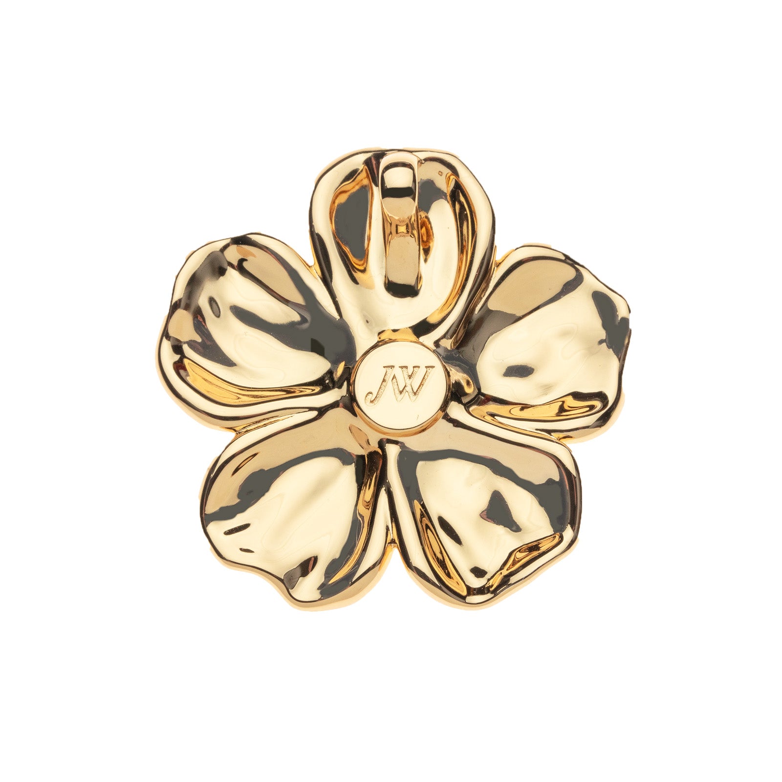 Back of gold camellia pendant shows the bail hidden behind one of the petals