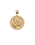 Gold coin pendant features chickadee and flower, as well as a border of mother of pearl cabochons 