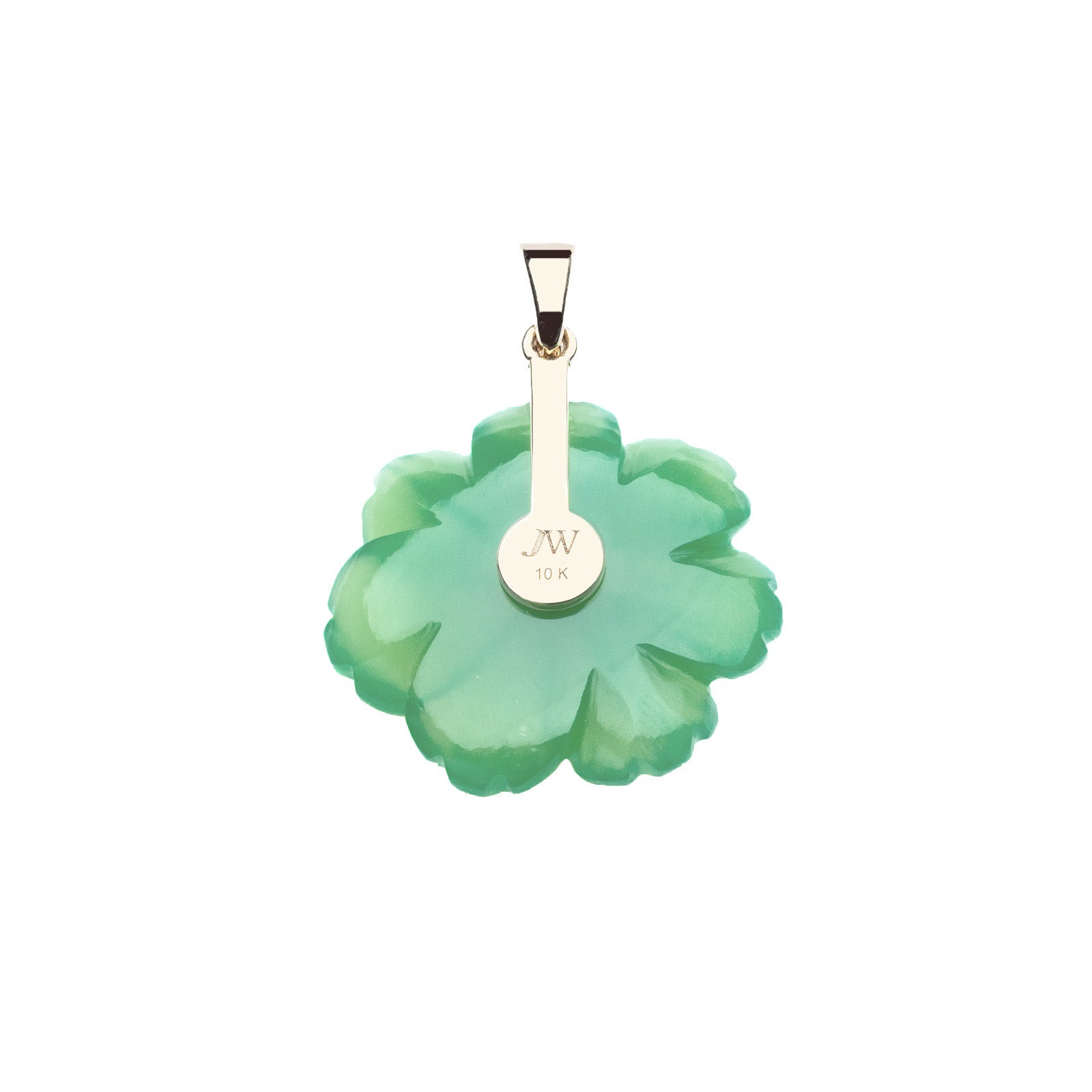 Back of carved moonstone camellia shows 10k gold setting 