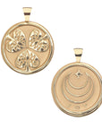 Front and Back of Gold Coin, 3 hollyhock leaves (front) and word JOY (back)