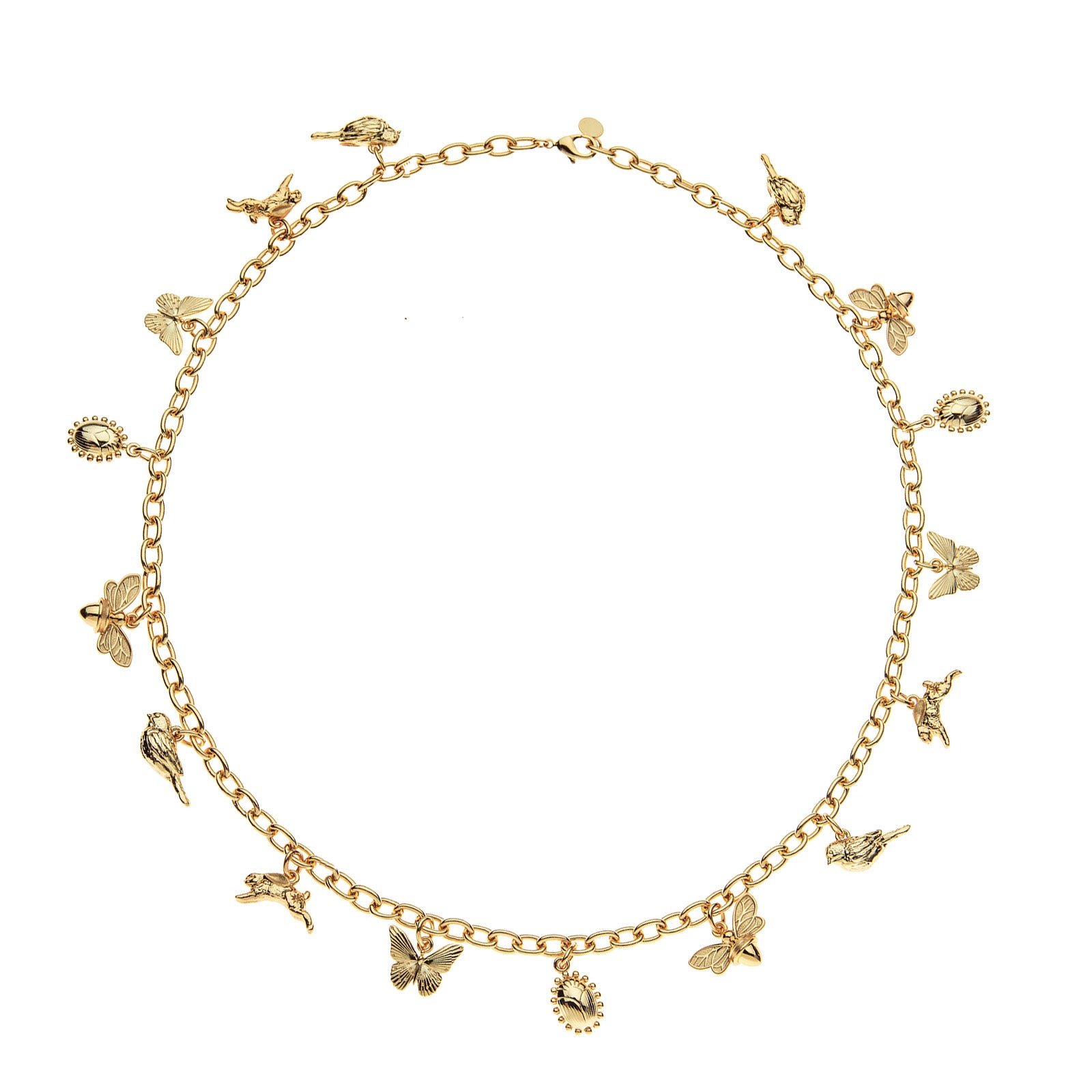 Gold chain necklace featuring small charms along the full length. The charms feature various animals including chickadees, bees, scarabs, butterflies and rabbits