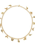 Gold chain necklace featuring small charms along the full length. The charms feature various animals including chickadees, bees, scarabs, butterflies and rabbits