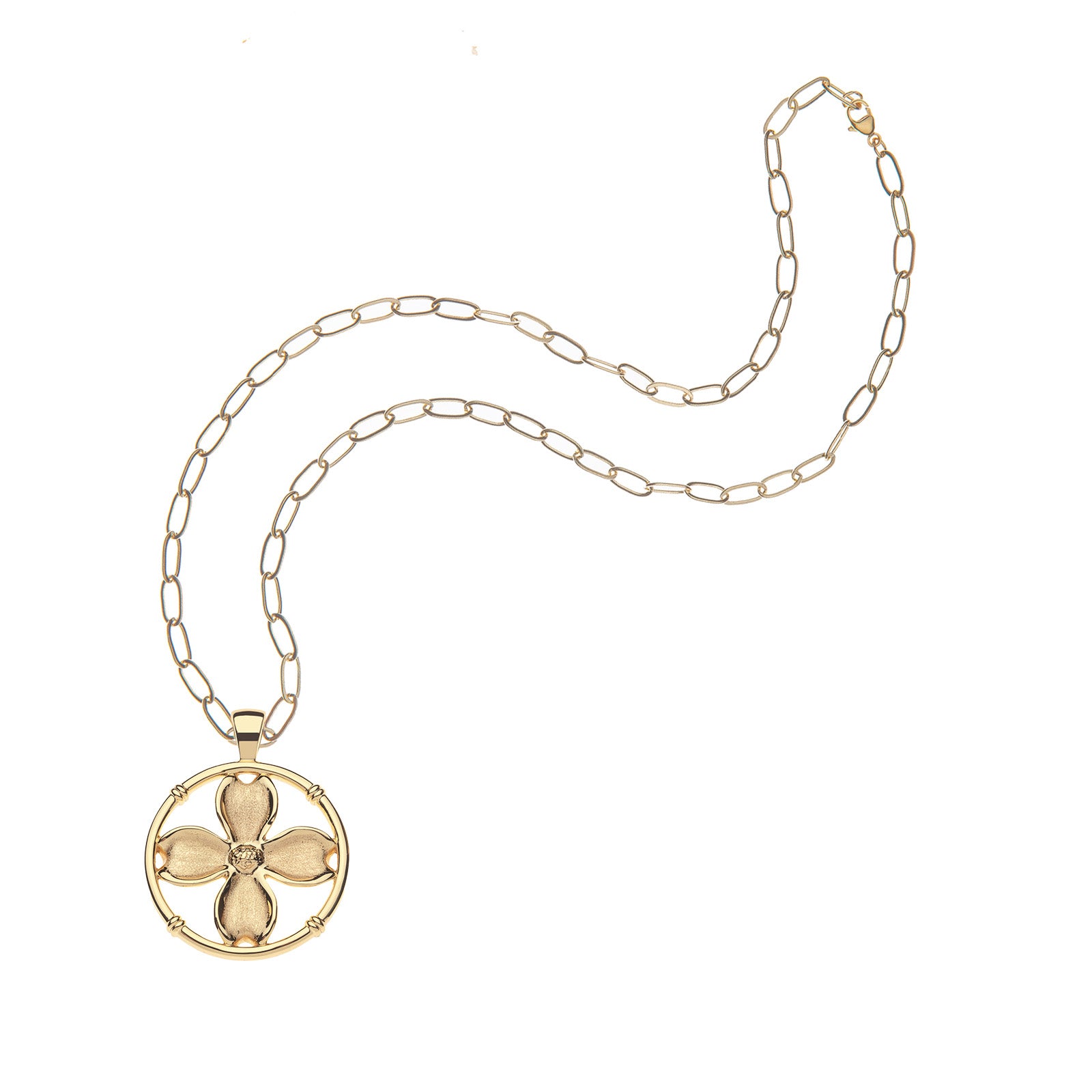 Gold dogwood cutout coin on drawn link chain