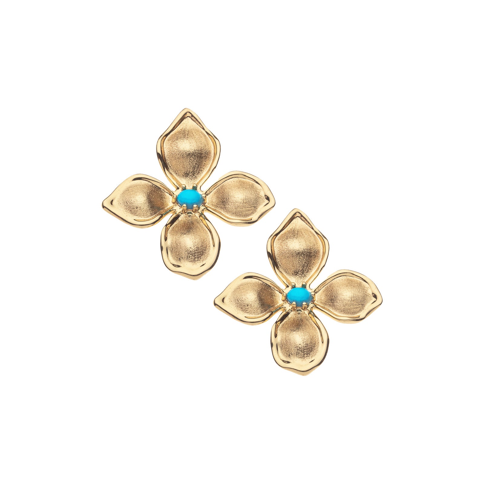 Gold dogwood flower studs with turquoise cabochon stones in the center