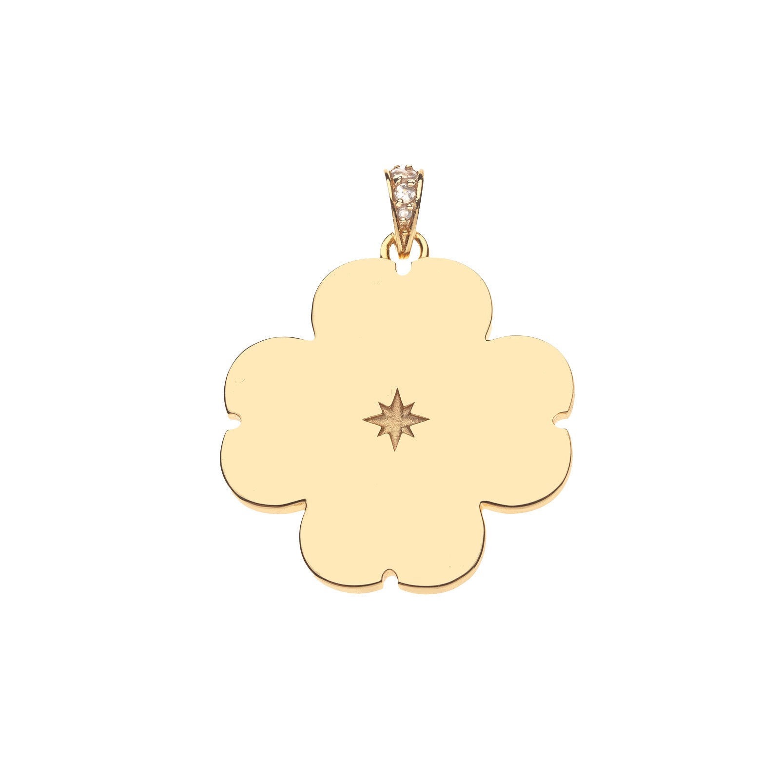 Back of gold engravable dogwood flower pendant features a star detail in the center