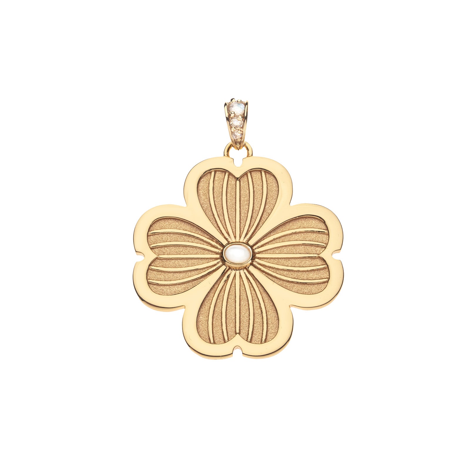 Gold dogwood flower pendant with white mother of pearl center and white topaz details on the bail