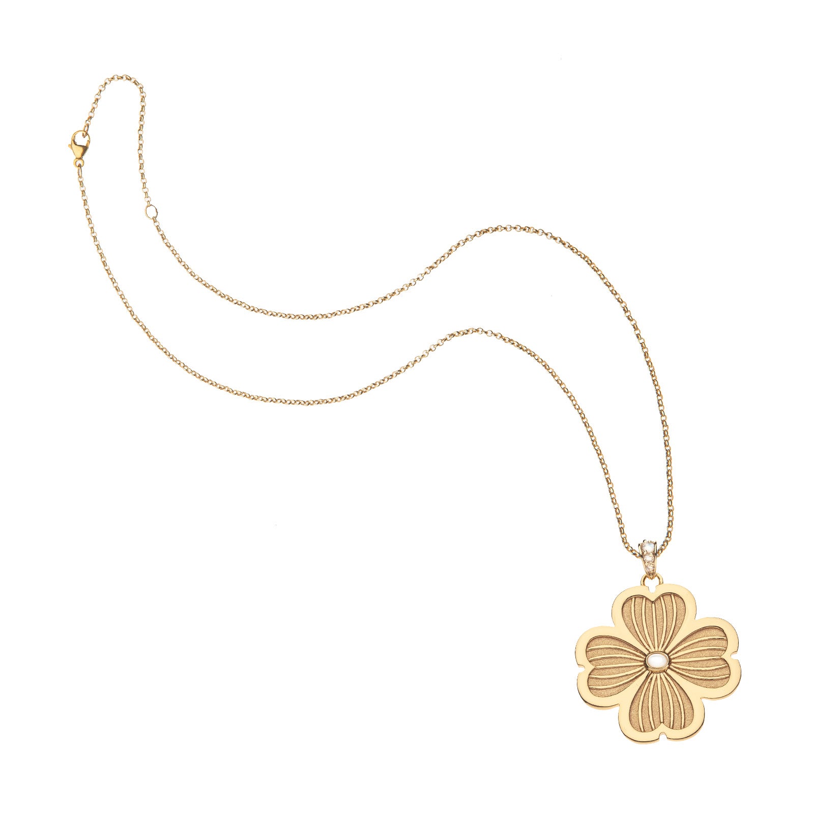 Gold dogwood flower pendant on classic rolo chain