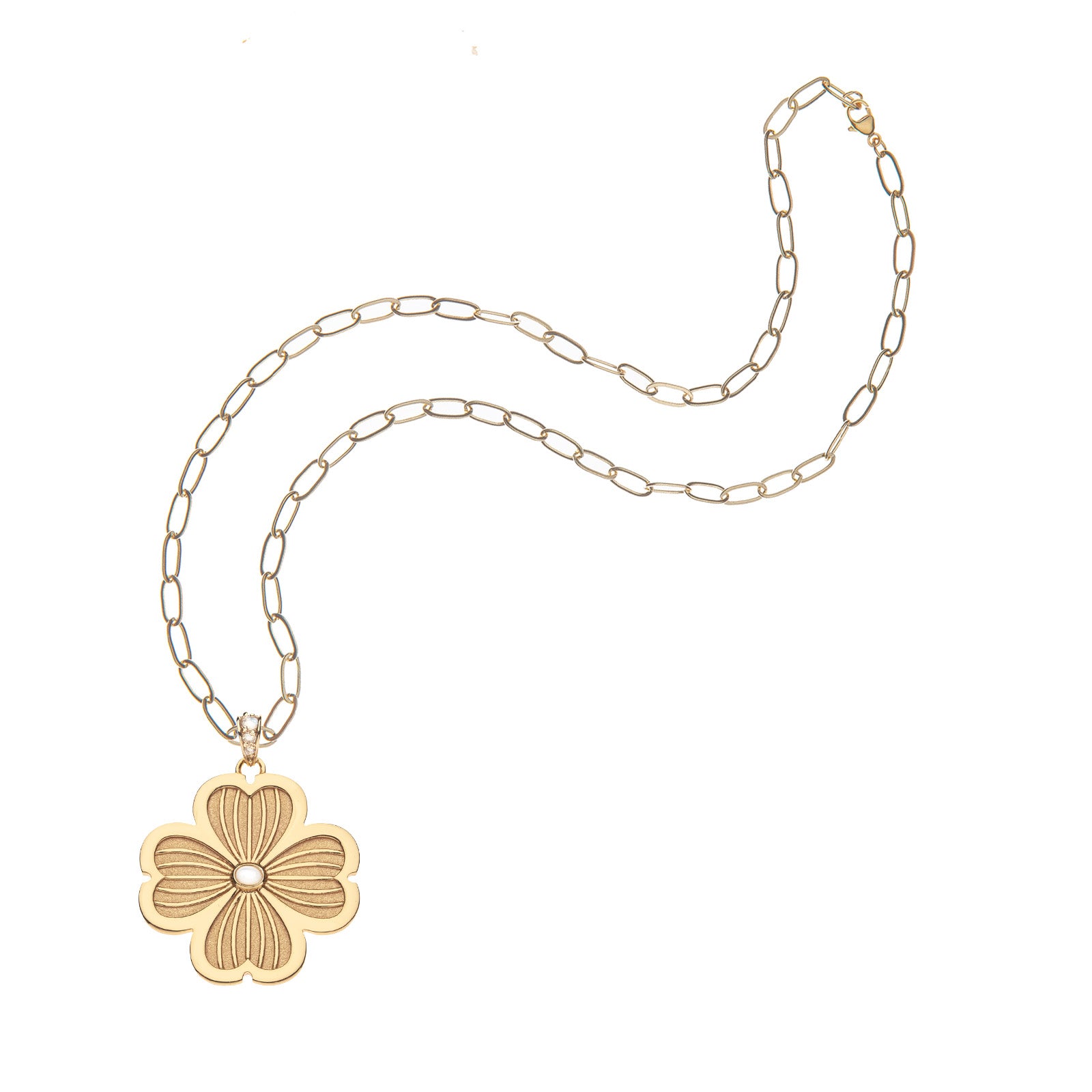 Gold dogwood flower pendant on drawn link chain