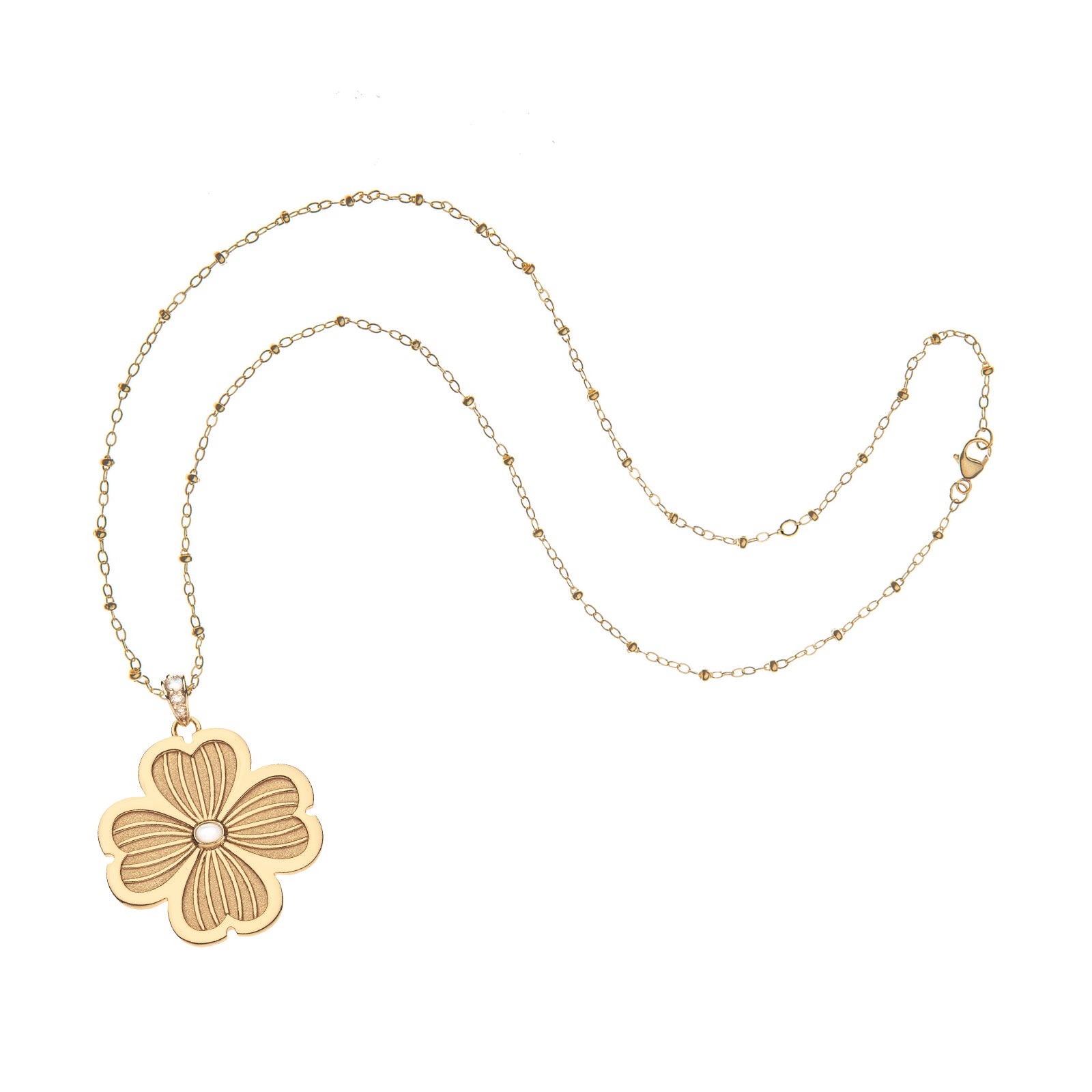 Gold dogwood flower pendant on satellite chain