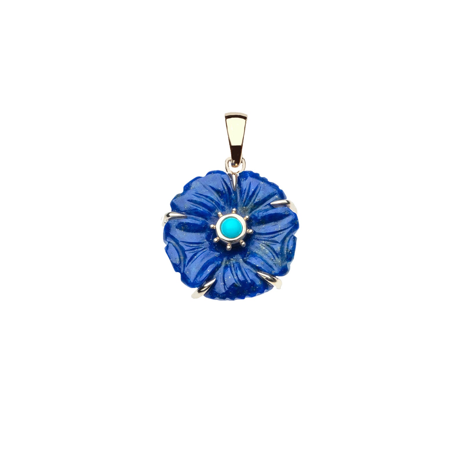 Carved lapis petunia flower pendant in gold setting with turquoise cabochon in the center