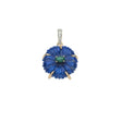 Carved lapis cherry blossom flower with malachite cabochon center. In gold setting with white topaz accents on the bail.