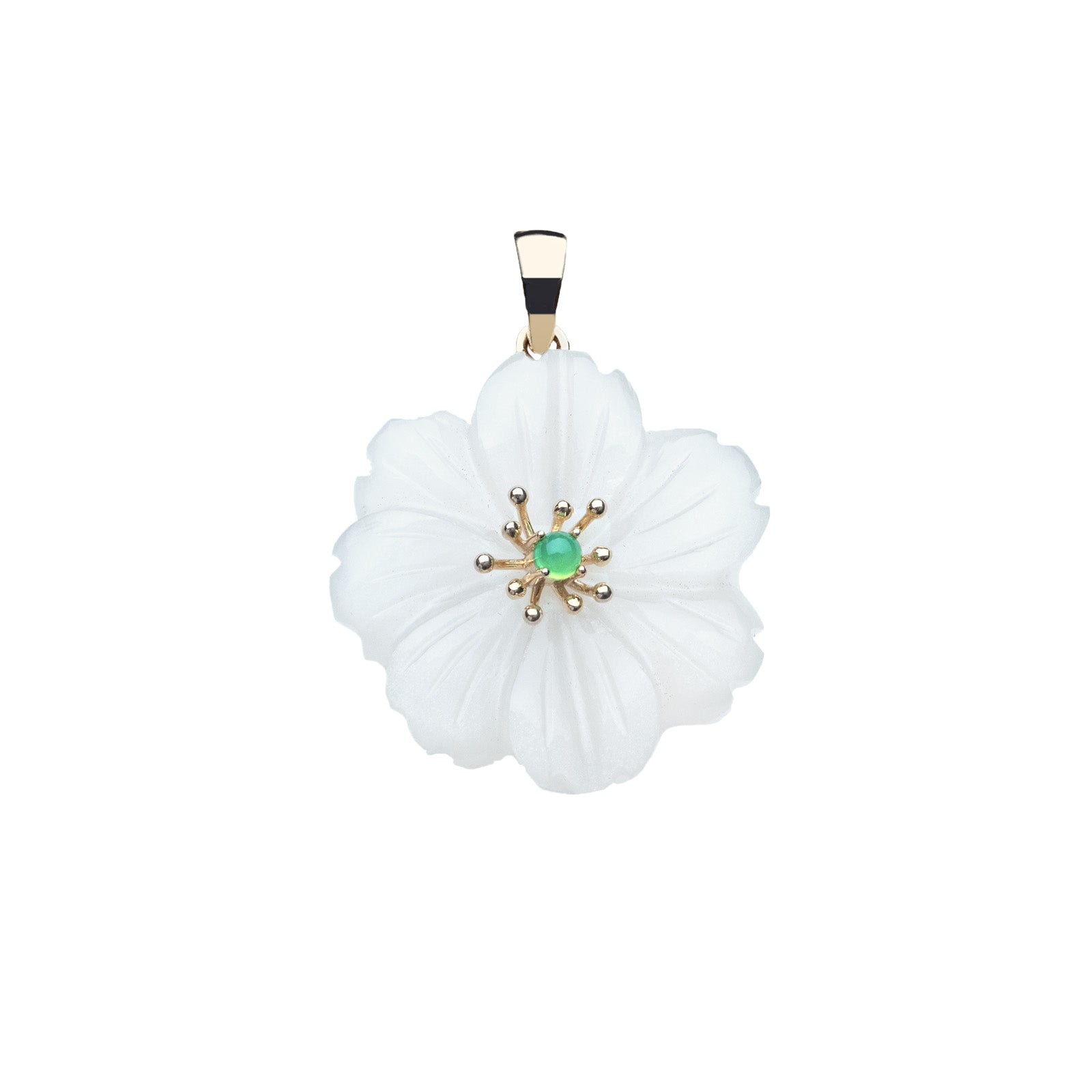 Camellia flower carved in white moonstone and set in gold with chrysoprase stone in the center
