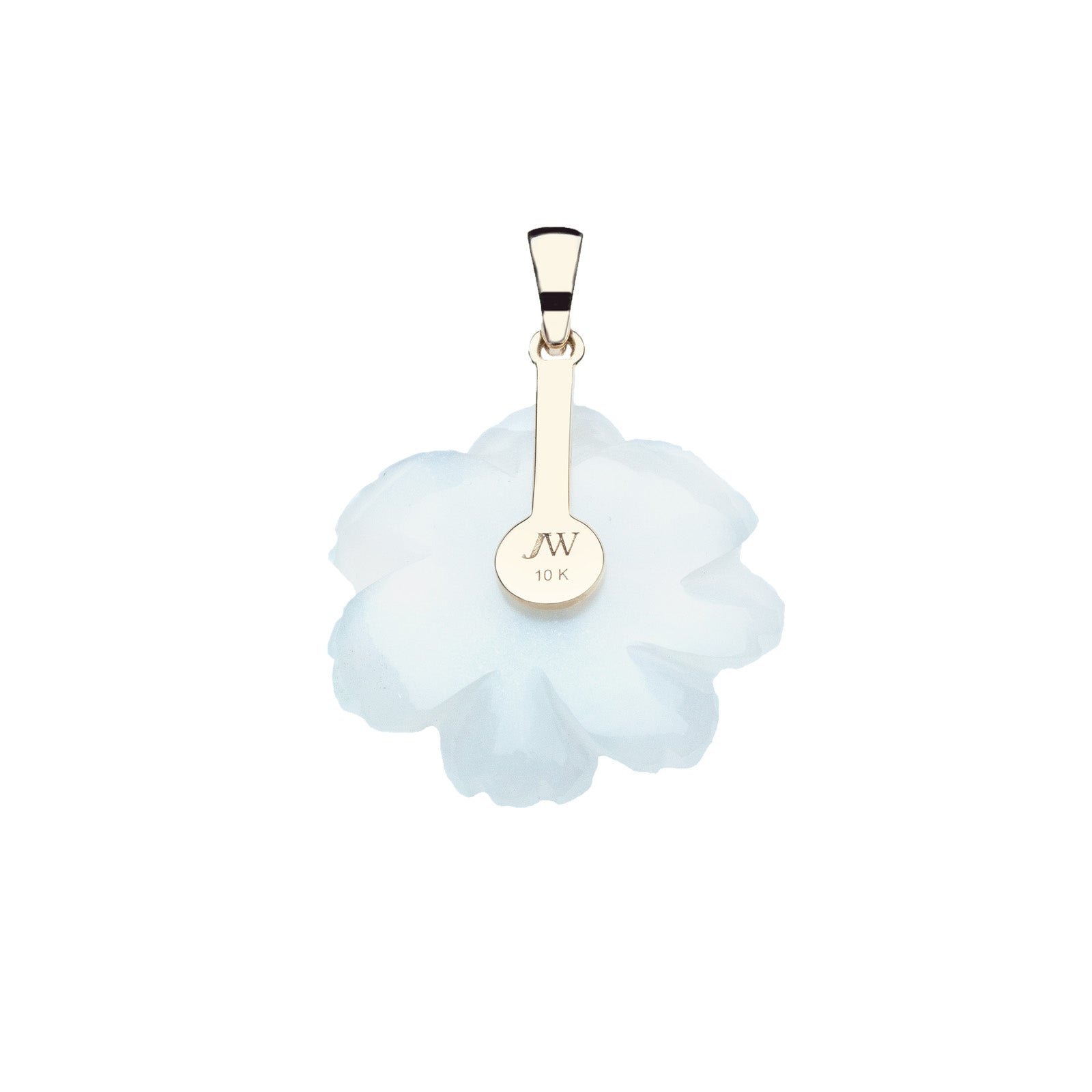 Back of carved moonstone camellia shows 10k gold setting 