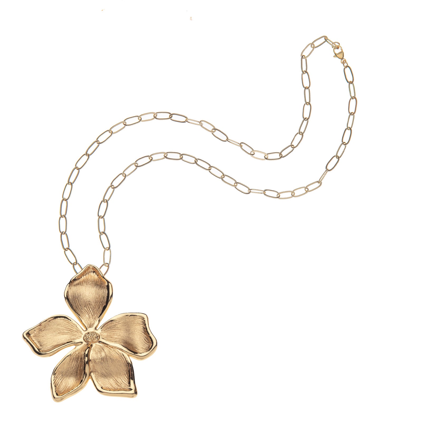 Gold periwinkle flower pendant on drawn link chain