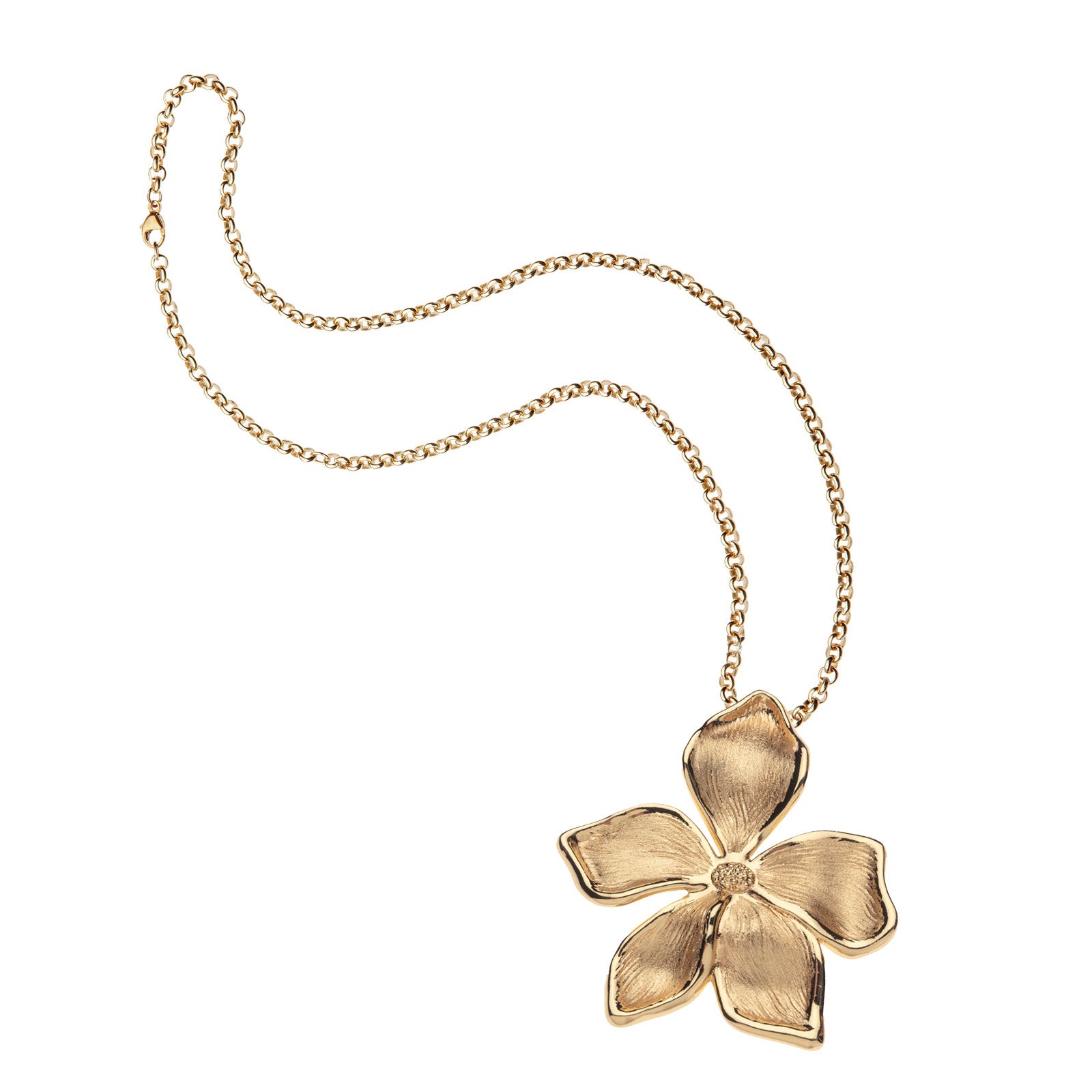 Gold periwinkle flower pendant on grande rolo chain