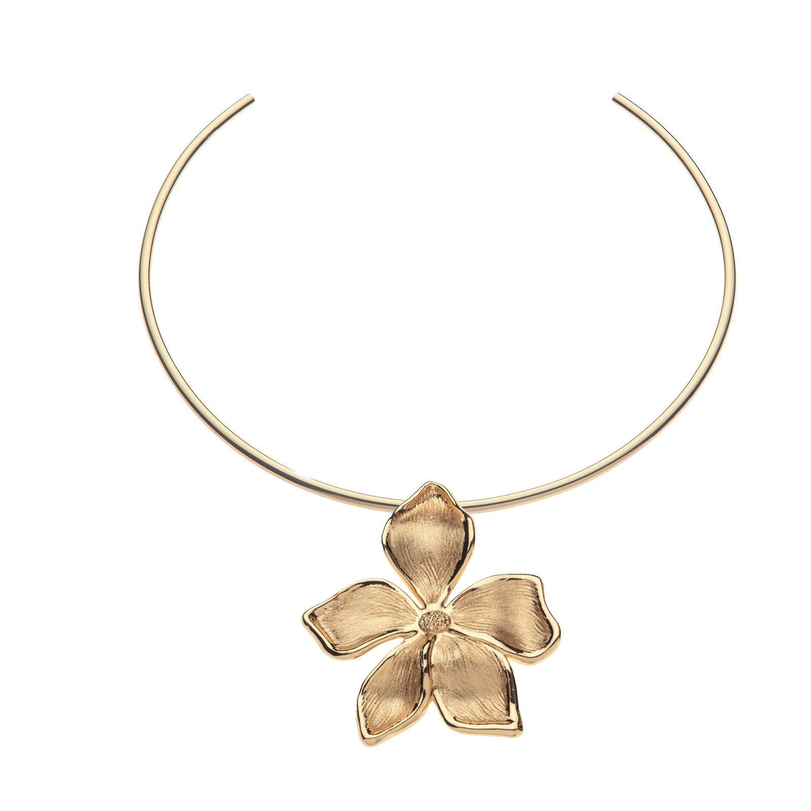 Gold periwinkle flower pendant on gold neck cuff