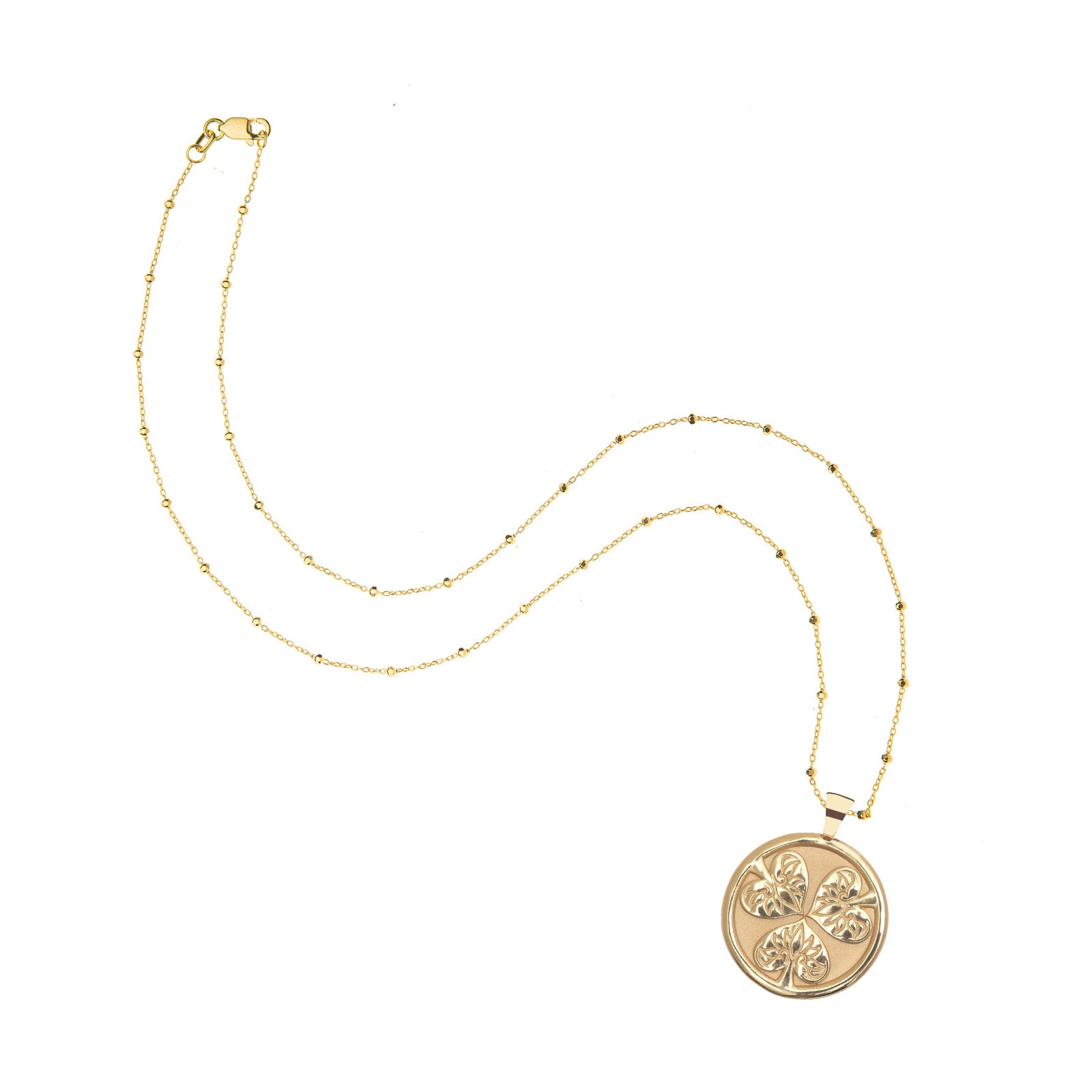 Gold Joy coin on 18 inch 14 karat beaded satellite chain