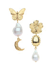 Mismatched drop earrings. One earring features gold butterfly stud, freshwater pearl drop, and gold crescent moon. Other earring features gold flower stud, gold scarab beetle, and freshwater pearl drop.
