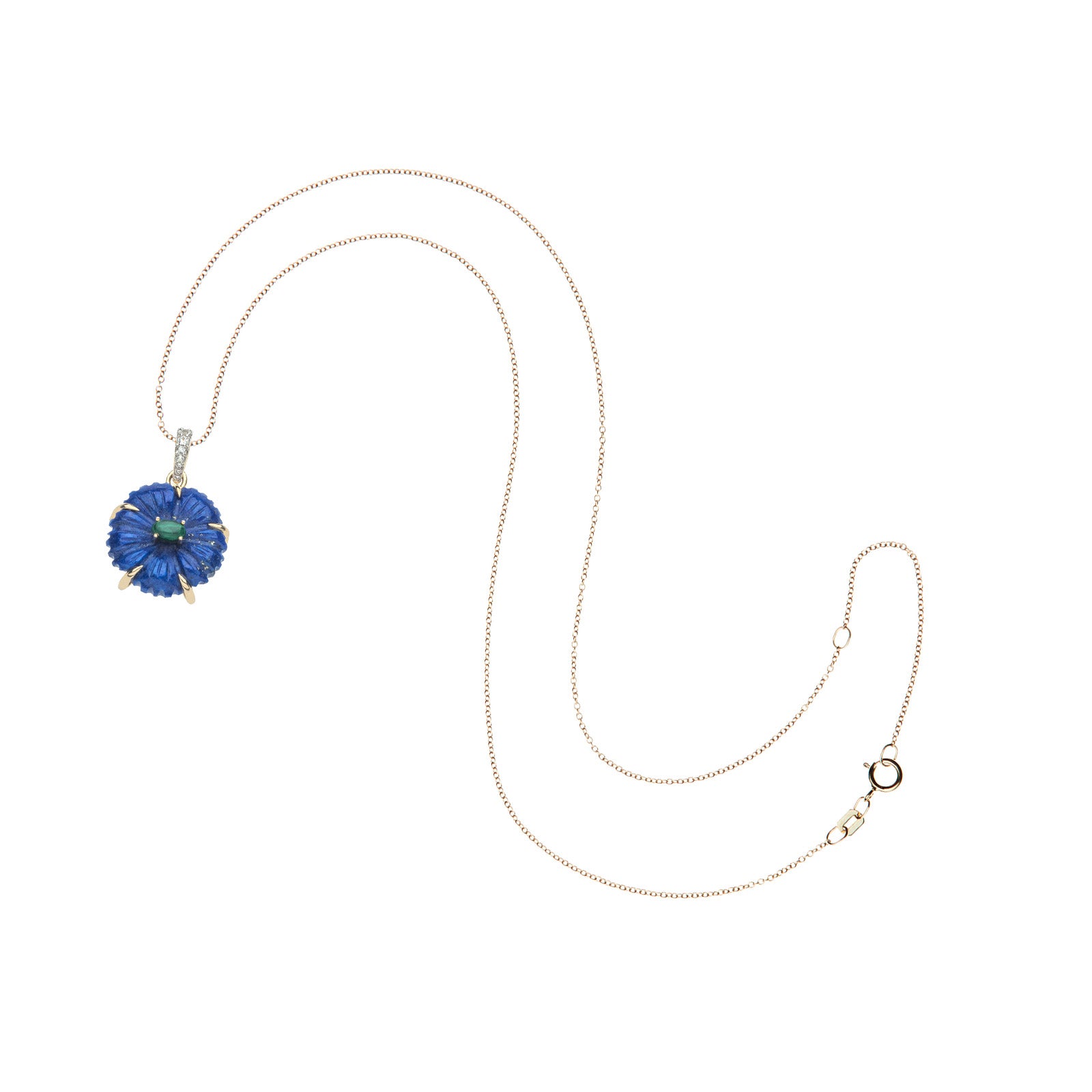 Carved lapis cherry blossom on 10 karat adjustable chain