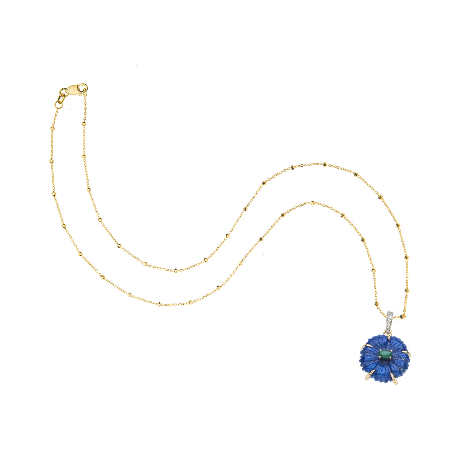 Carved lapis cherry blossom on 14 karat beaded satellite chain