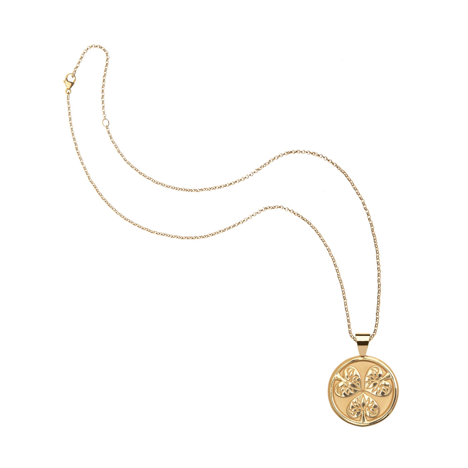 Gold Small Joy Coin Pendant on classic rolo chain