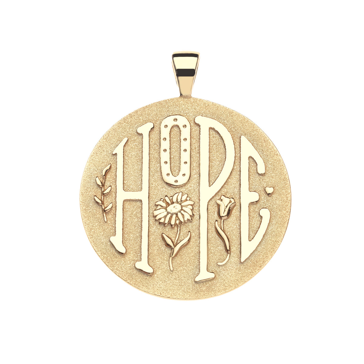 Jumbo gold coin pendant with the word HOPE and flower details