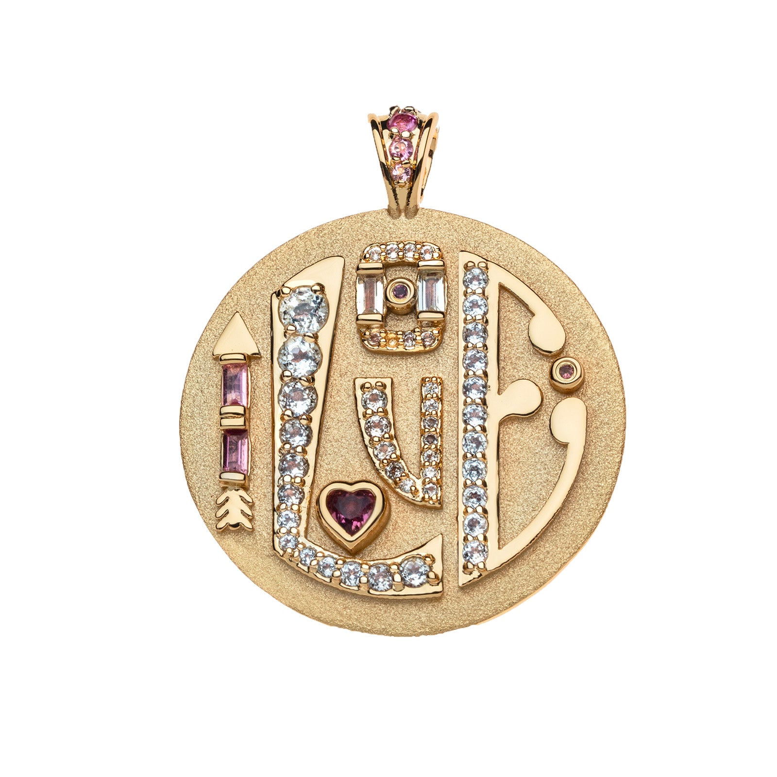 Jumbo gold coin pendant featuring the word LOVE embellished with pink tourmaline and white topaz stones 