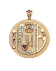 Jumbo gold coin pendant featuring the word LOVE embellished with pink tourmaline and white topaz stones 