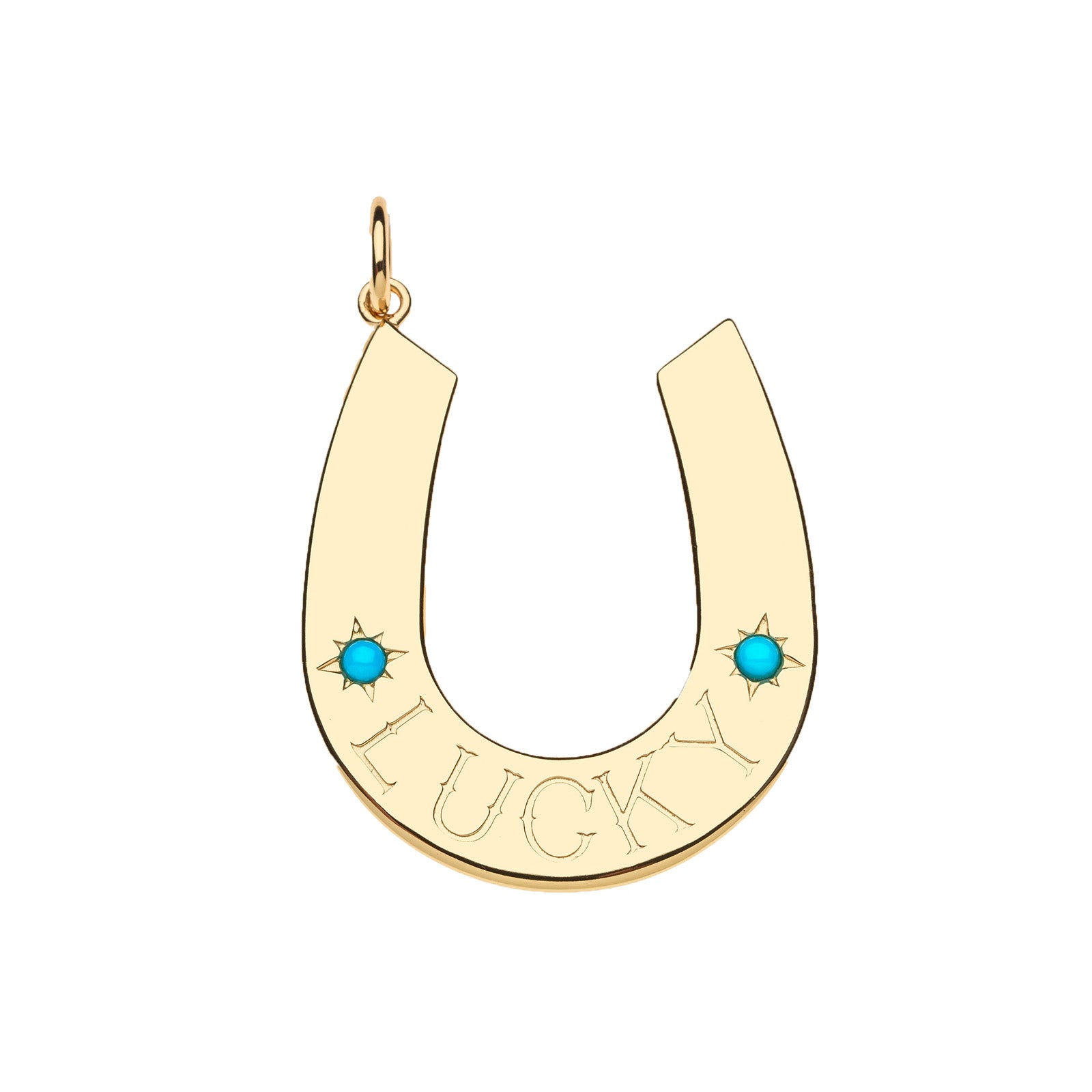 Gold horseshoe pendant features the word LUCKY and two turquoise cabochon stones