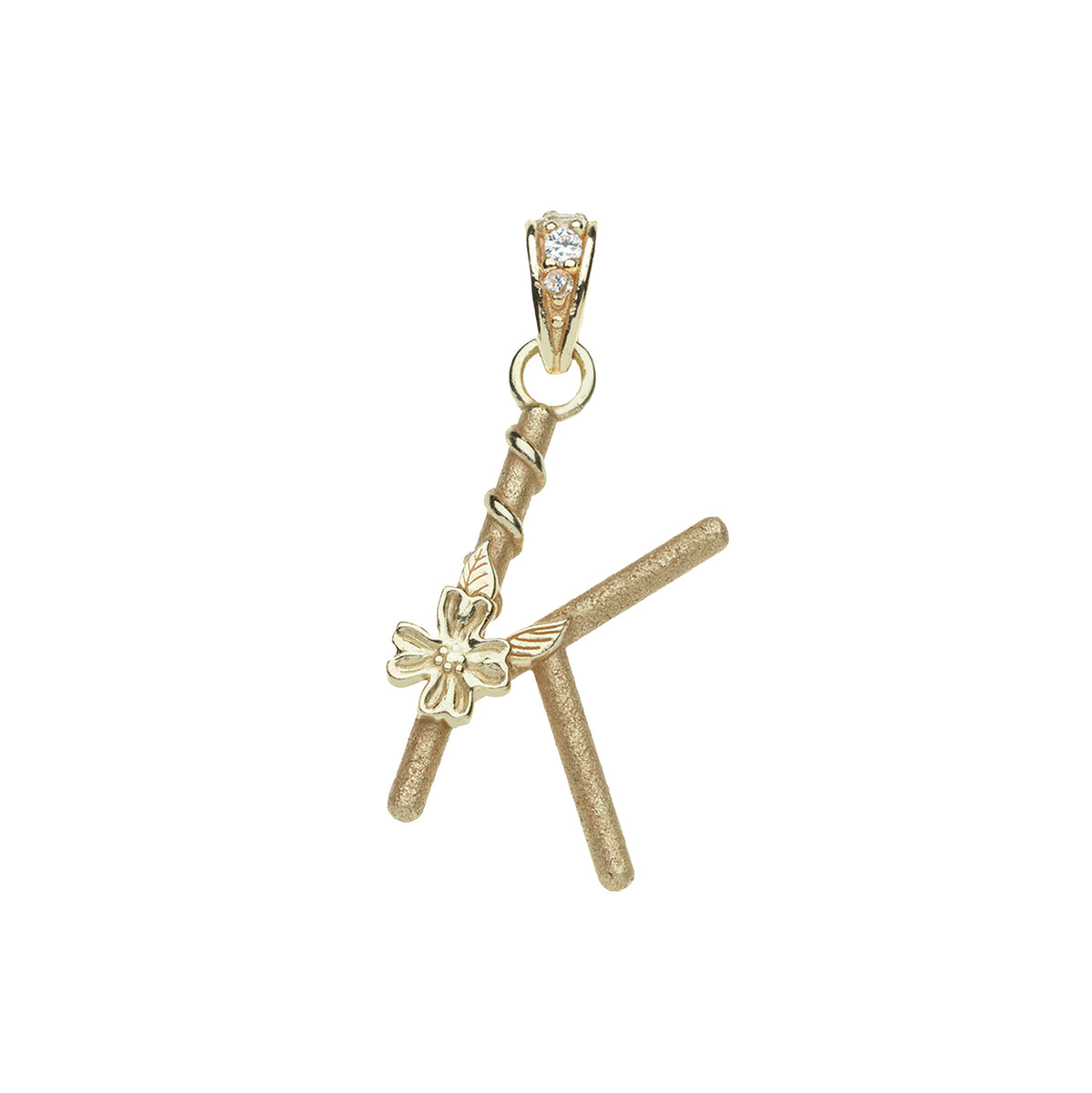 Gold letter K pendant with flower detail and white topaz accents on the bail