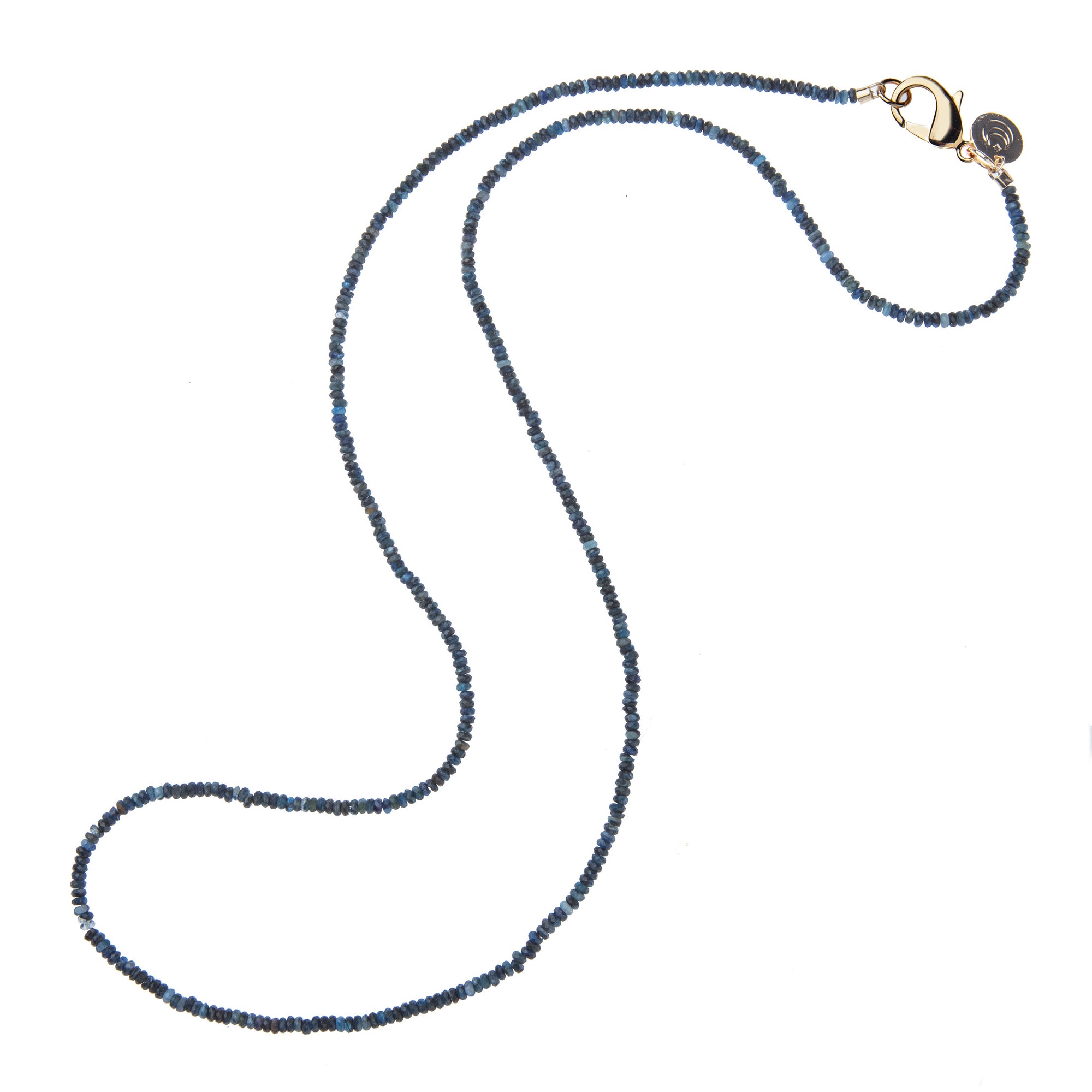 Beaded necklace of kyanite beads (shades of blue) with oversized gold clasp