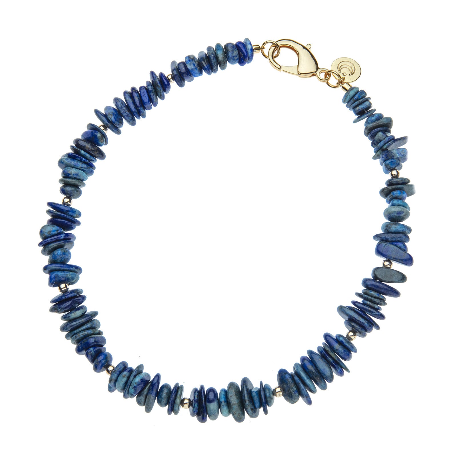 Beaded necklace with irregular shaped lapis stones with small round gold beads interspersed, also features oversized gold lobster clasp