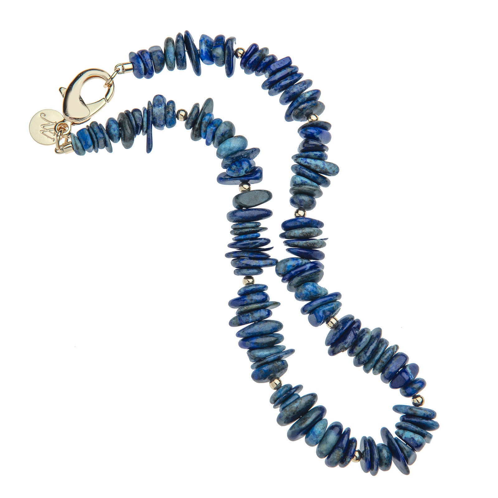 Beaded necklace with irregular shaped lapis stones with small round gold beads interspersed, also features oversized gold lobster clasp