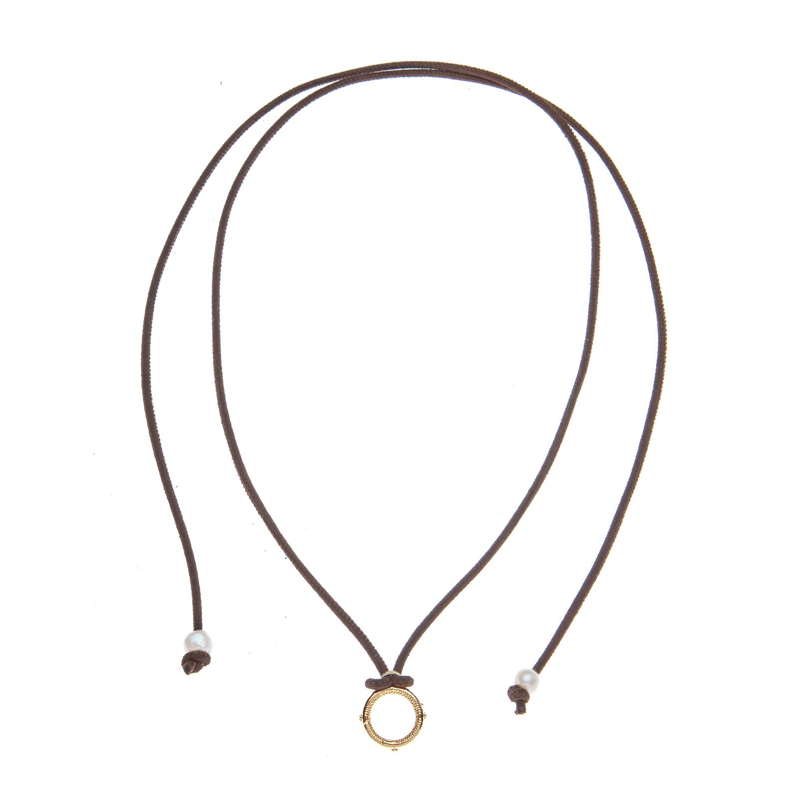 Brown suede cord with gold ring to attach pendant. Cord ends have pearl details.